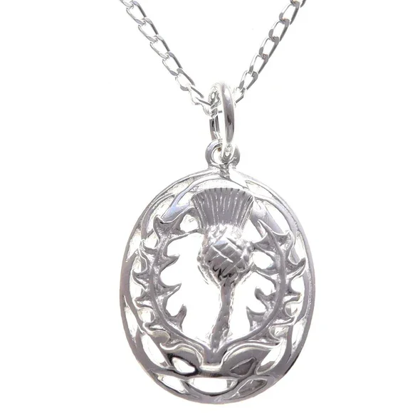 Sterling Silver Scottish Thistle Pendant, open oval frame, feathered head, crosshatched globe, pierced leaf detail.