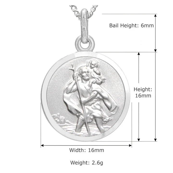 Sterling Silver St Christopher pendant, plain reverse. Embossed figural scene, satin face, polished border, product dimensions shown, width 16mm by height 16mm, bail height 6mm, weight 2.6g