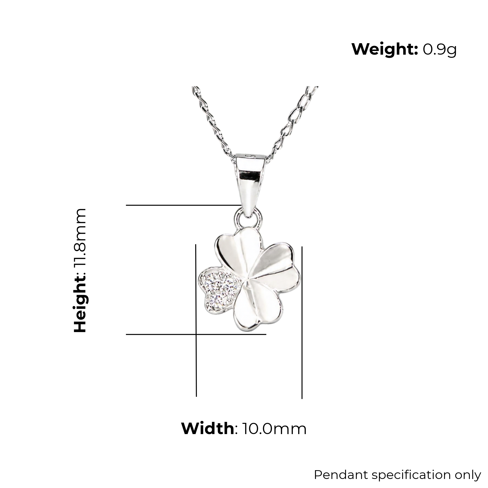 Sterling Silver Four-Leaf Clover Pendant & Stud Earring Set, Pave-Set CZ Detail, product dimensions shown, pendant height 11.8mm, width 10.0mm, pendant specification only
