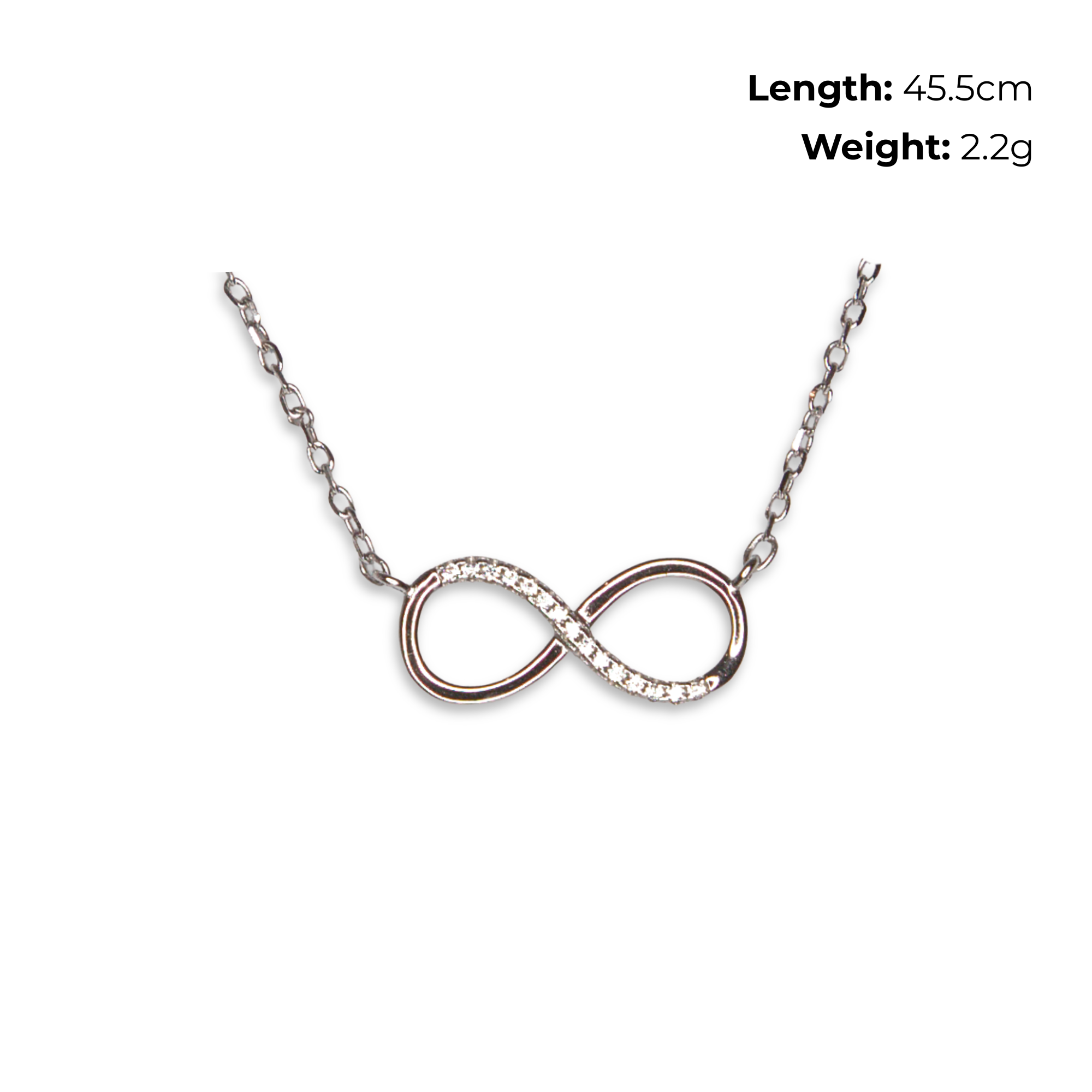 Sterling Silver Infinity Necklet with CZ, product dimensions shown, length 45.5cm, weight 2.2g