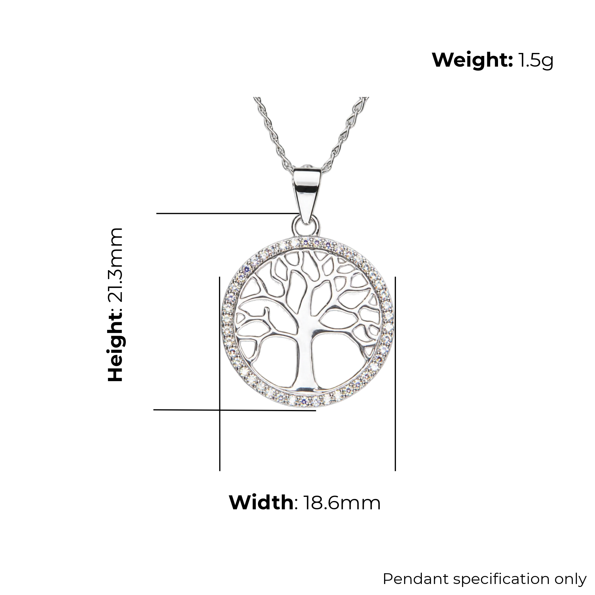 Sterling Silver Tree of Life Pendant, Open Branch Design with CZ Border, product dimensions shown, width 18.6mm, height 21.3mm, weight 1.5g, pendant specification only.