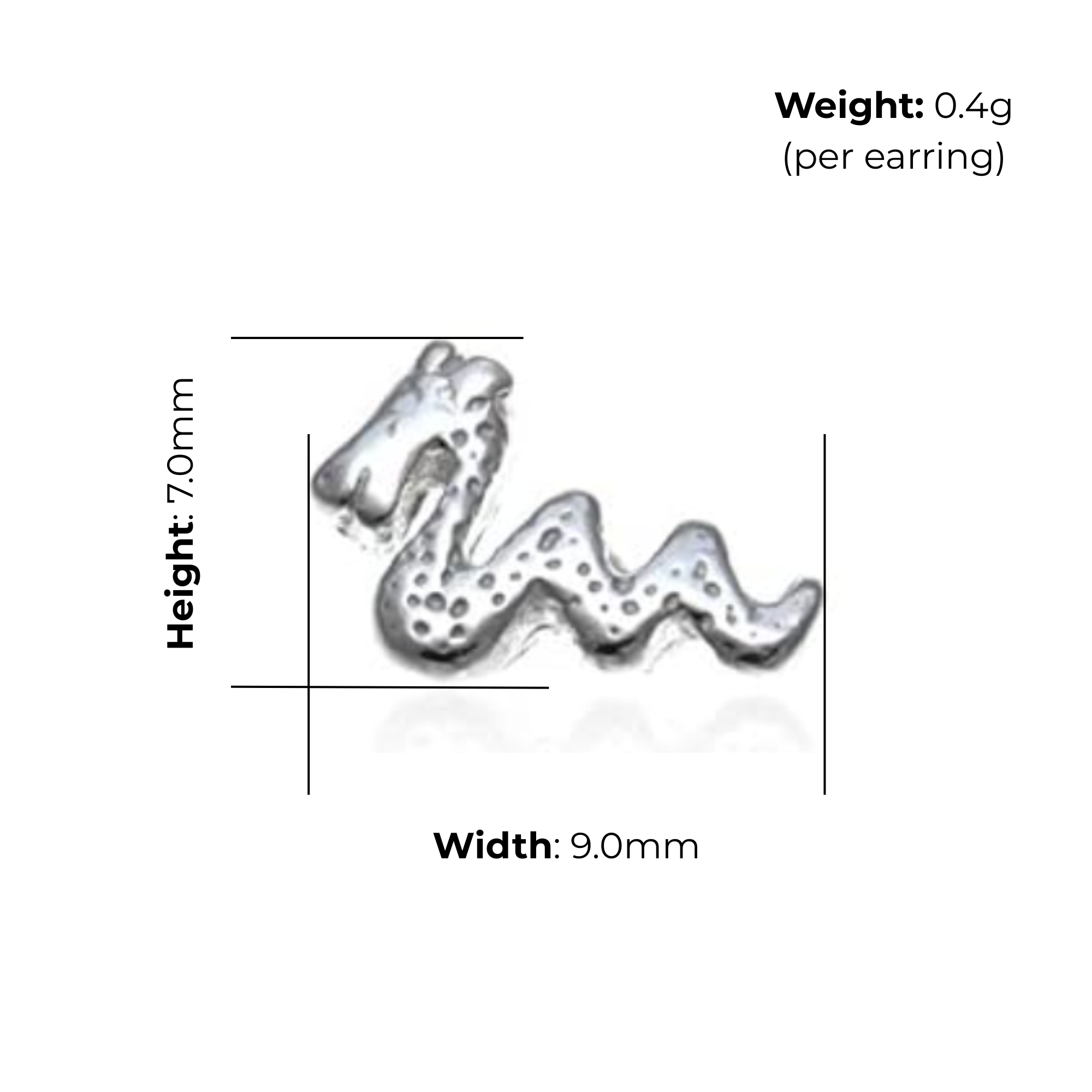 Sterling Silver Loch Ness Monster Stud Earrings, textured scales, product dimensions shown, width 9mm, height 7mm, weight 0.4g per earring