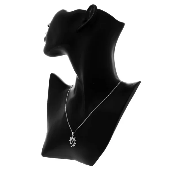Sterling Silver Scottish Luckenbooth Pendant, crowned intertwined hearts, thistle detail, shown on modelling bust at neckline giving scale