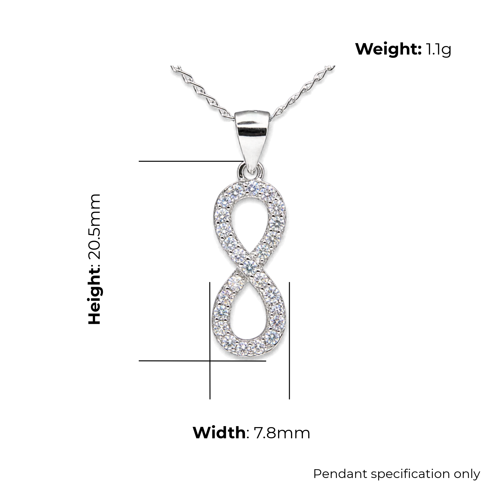 Sterling Silver Open Infinity Pendant with CZ, product dimensions shown, width 7.8mm, height 20.5mm, weight 1.1g, pendant specification only