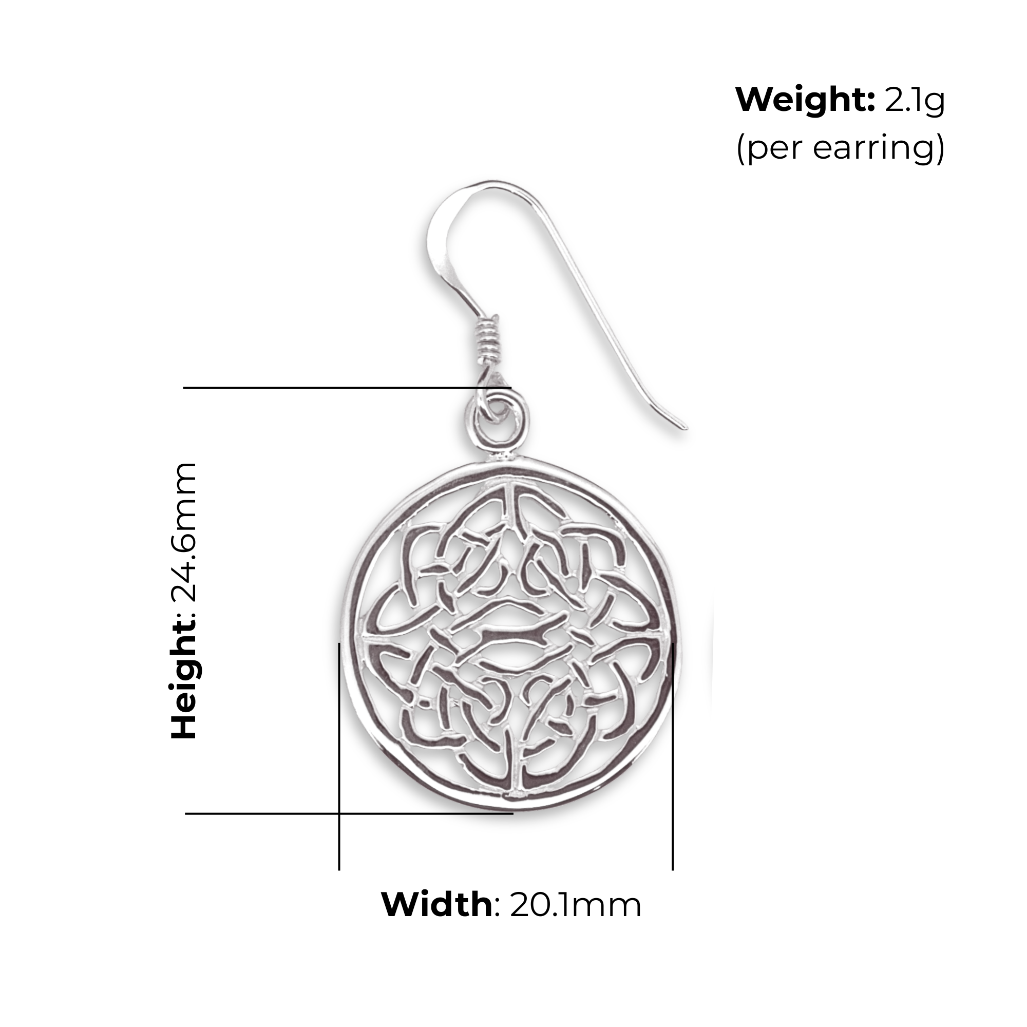 Sterling Silver Celtic Knotwork Drop Earrings, large circular design, product dimensions shown, width 20.1mm, height 24.6mm, weight 2.1g per earring