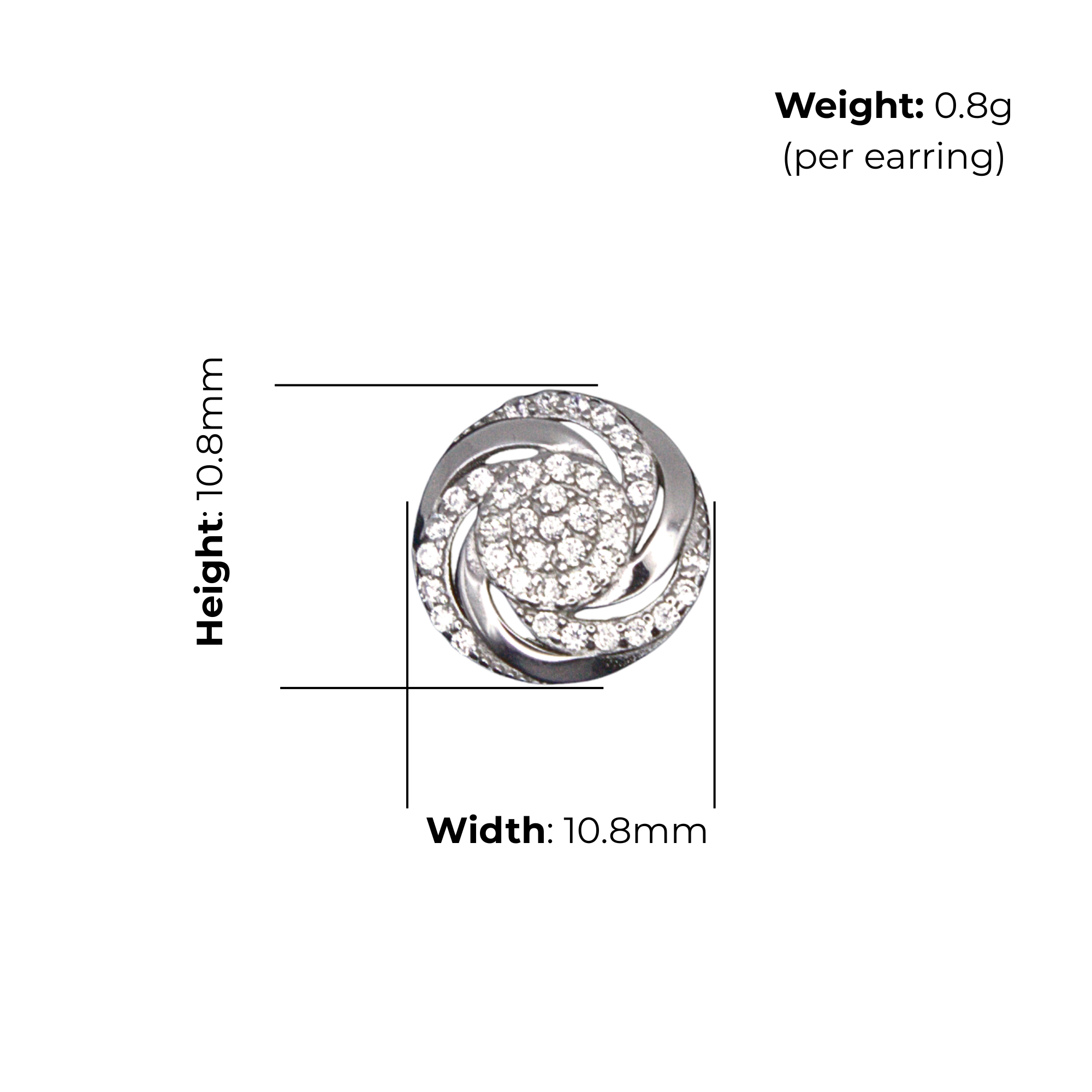 Sterling Silver Round Spiral CZ Stud Earrings, product dimensions shown, width 10.8mm, height 10.8mm, weight 0.8g per earring