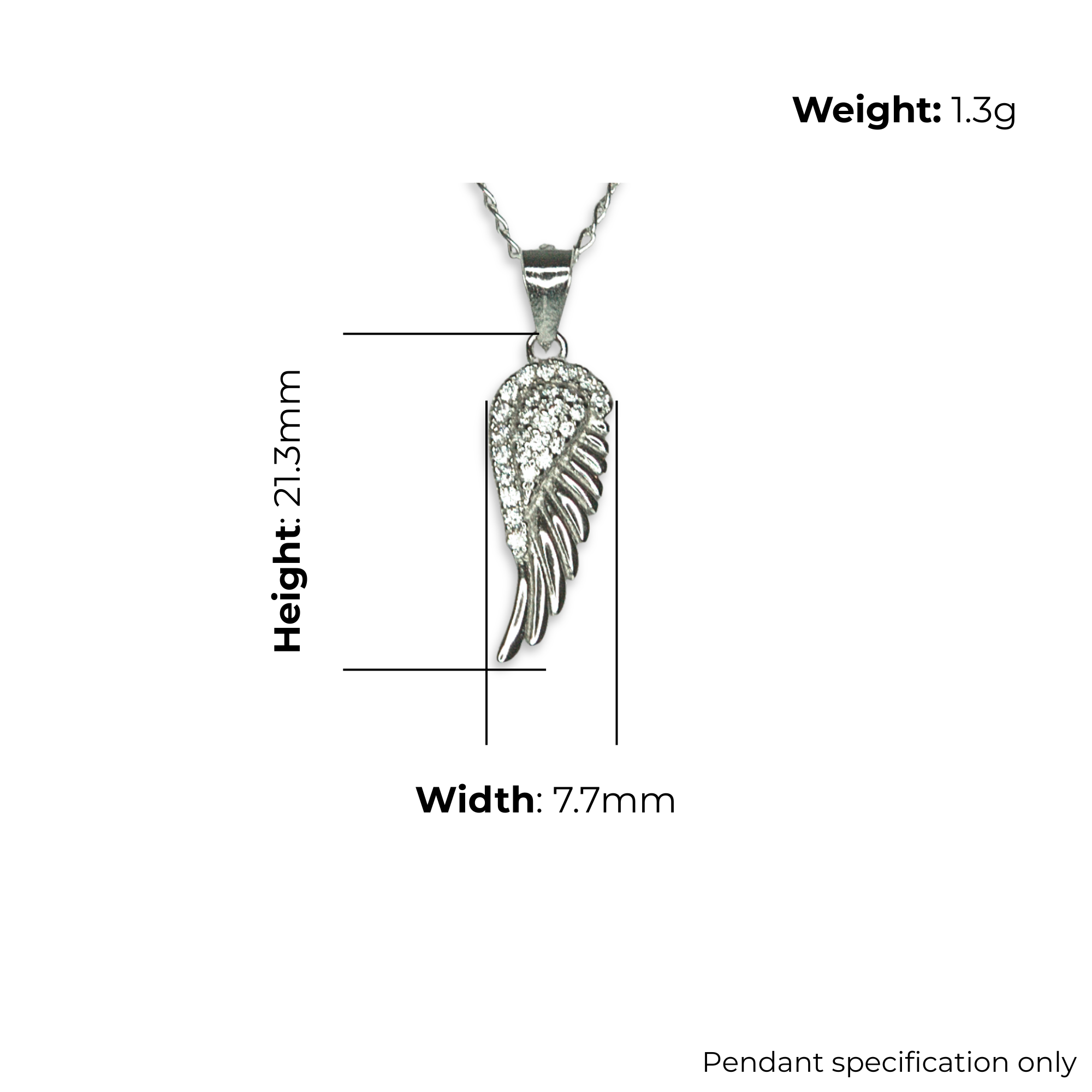 Sterling Silver Angel Wing Pendant, Pave-Set CZ Detail, product dimensions shown, width 7.7mm, height 21.3mm, weight 1.3g, pendant specification only.