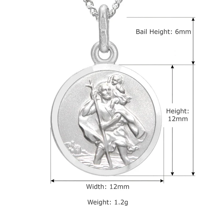 Sterling Silver St Christopher pendant, plain reverse. Embossed figural scene, satin face, polished border, product dimensions shown, width 12mm by height 12mm, bail height 6mm, weight 1.2g