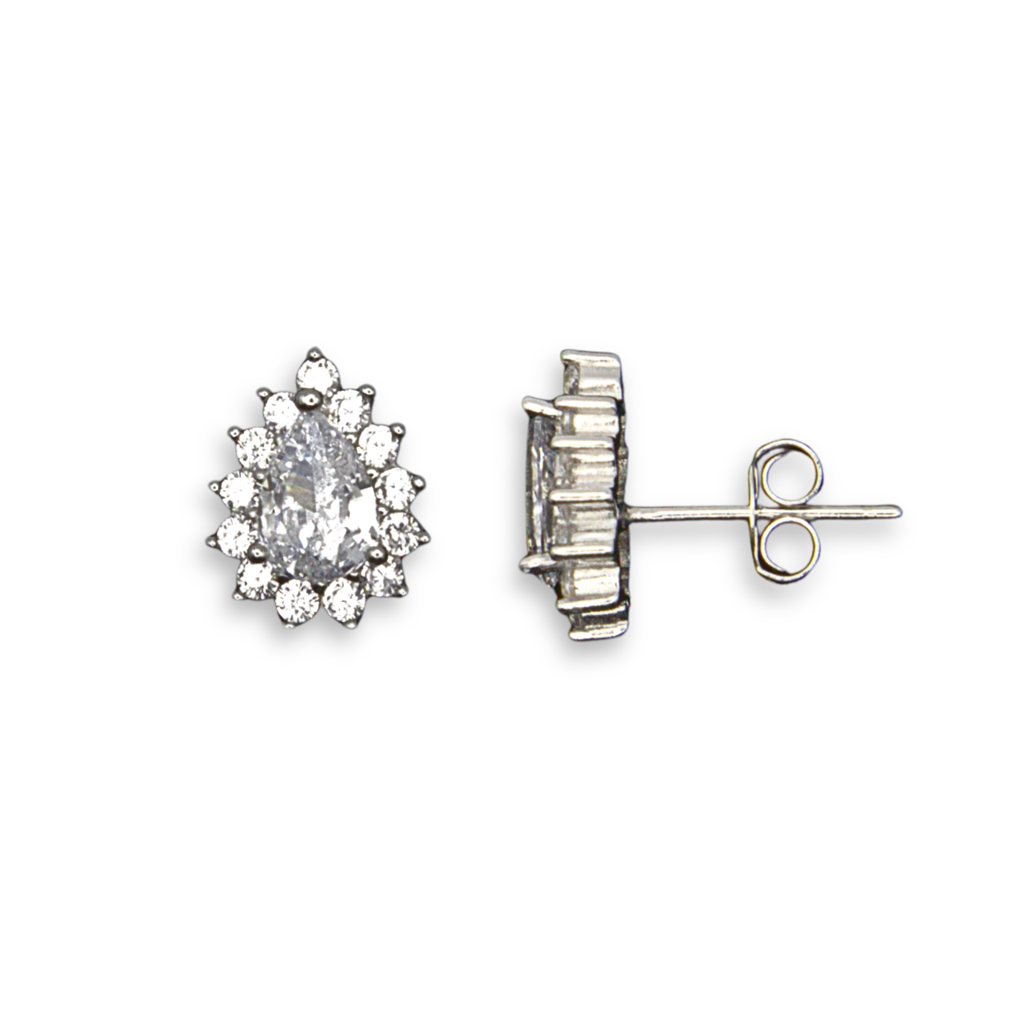 Sterling Silver Pear Halo Stud Earrings, Pave-Set CZ
