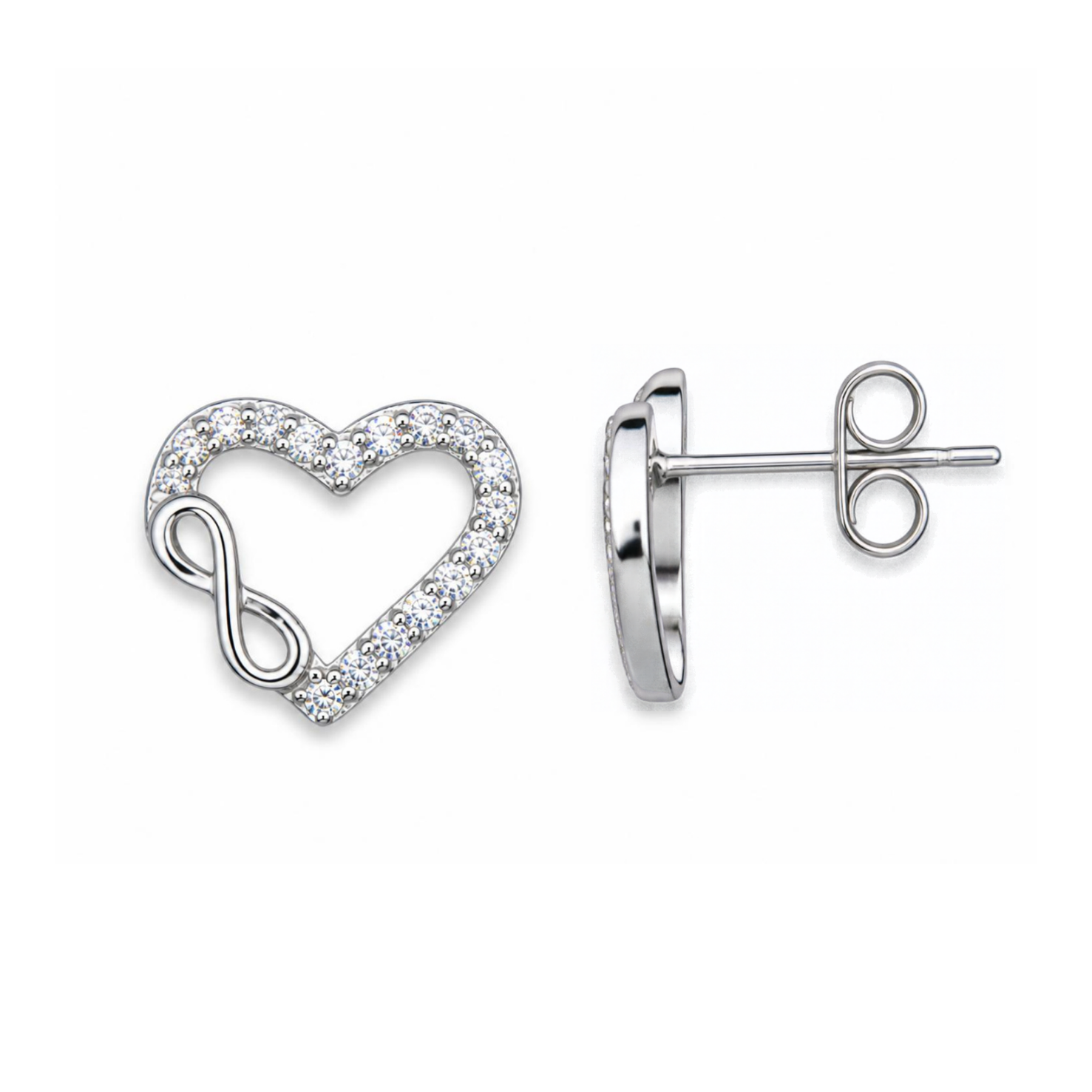 Sterling Silver Open Heart Stud Earrings, Pave-Set CZ with Infinity Detail