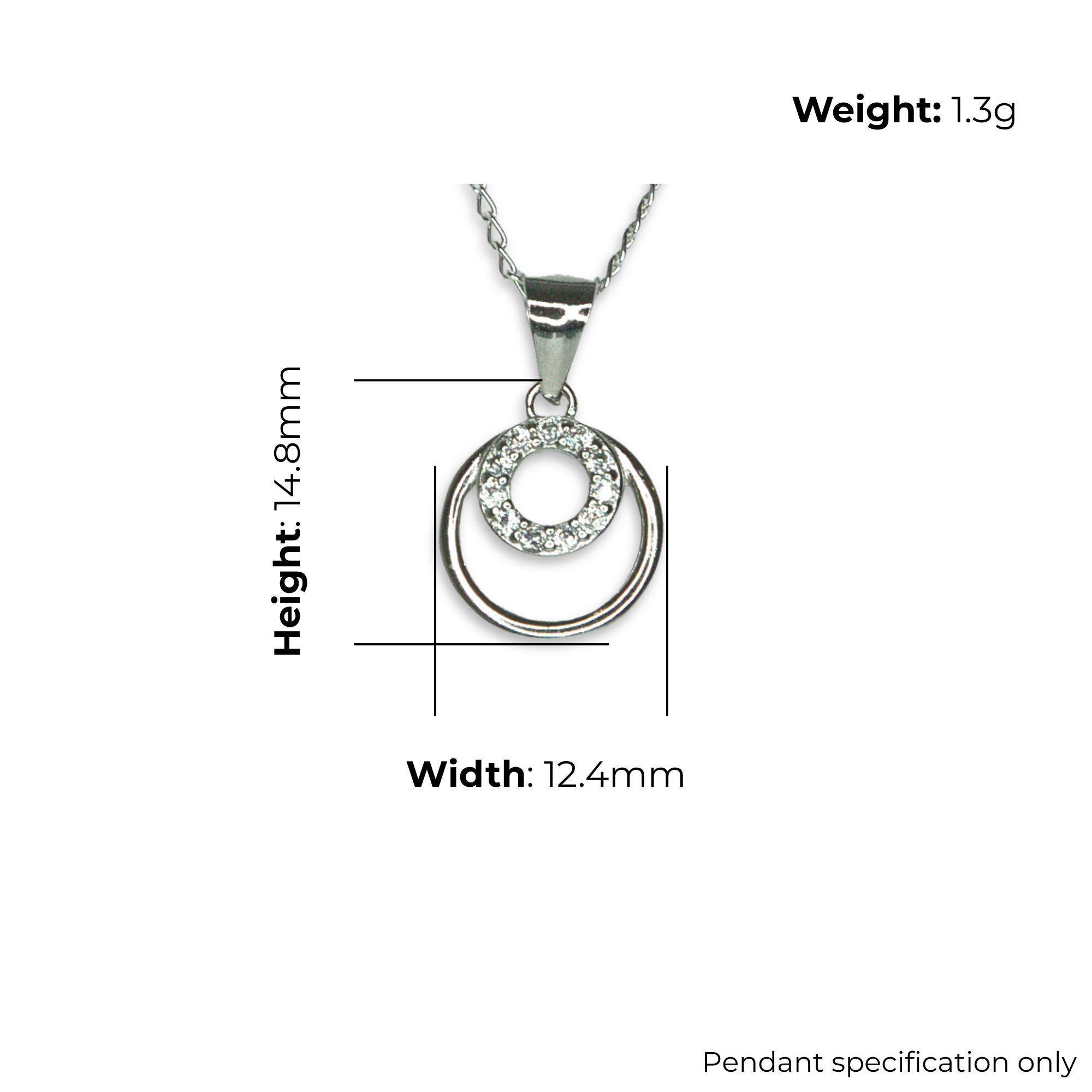 Sterling Silver Interlocking Circles Pendant, Pave-Set CZ, product dimensions shown, width 12.4mm, height 14.8mm, weight 1.3g, pendant specification only.