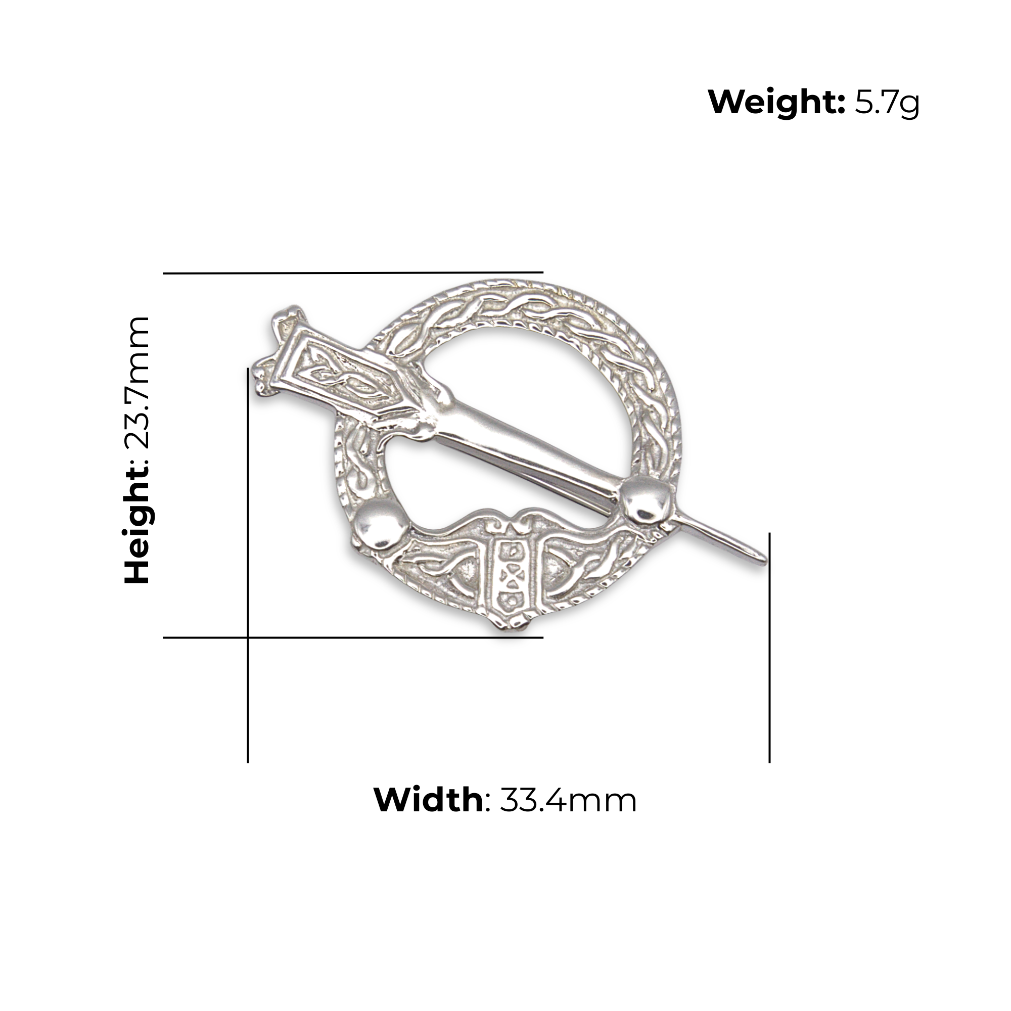 Sterling Silver Celtic Tara Brooch, product dimensions shown, width 33.4mm, height 23.7mm, weight 5.7g