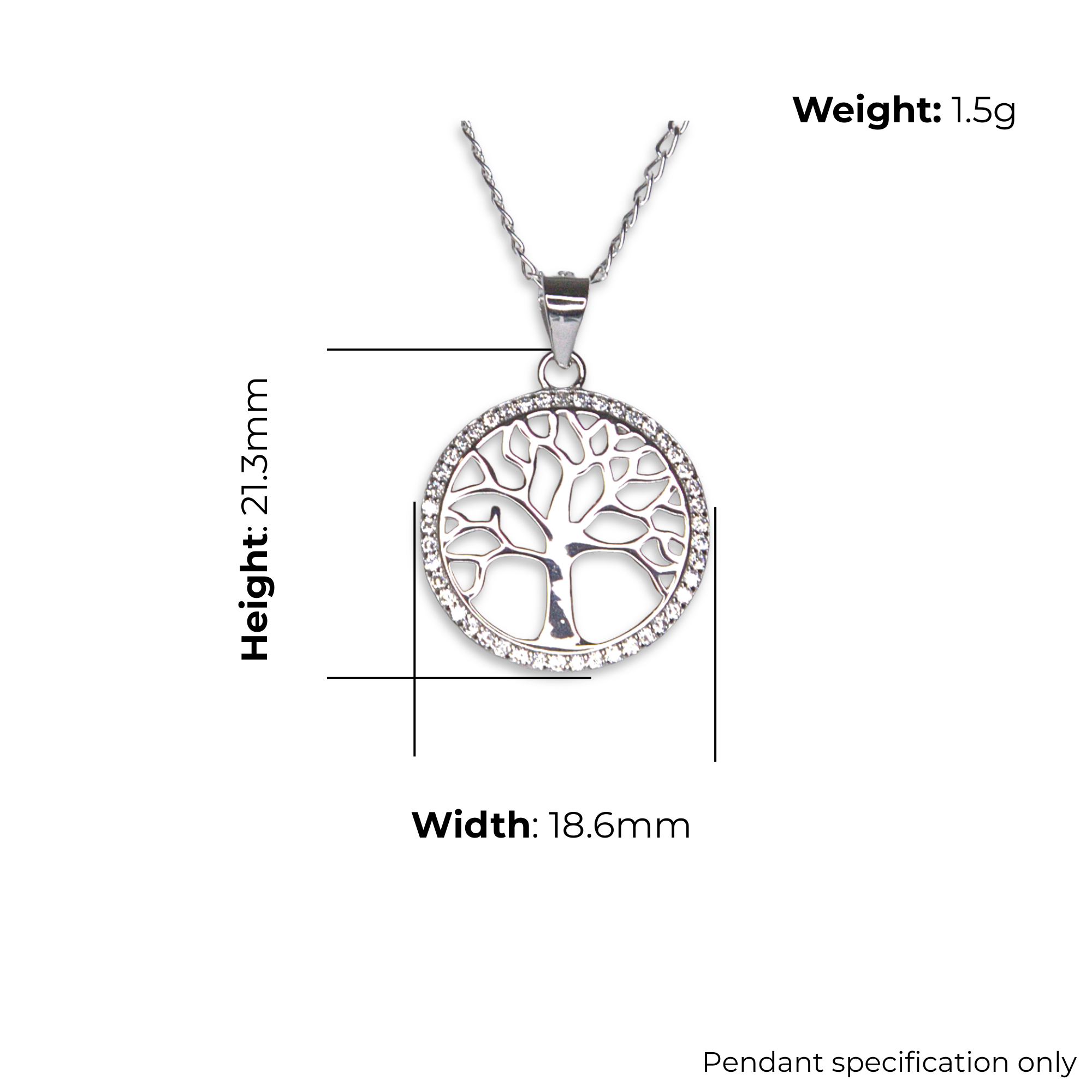 Sterling Silver Tree of Life Pendant, Open Branch Design with CZ Border, product dimensions shown, width 18.6mm, height 21.3mm, weight 1.5g, pendant specification only.