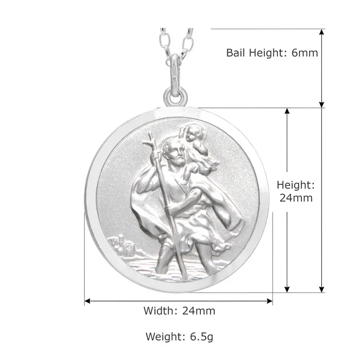 Sterling Silver St Christopher pendant, plain reverse. Embossed figural scene, satin face, polished border, product dimensions shown, width 24mm by height 24mm, bail height 6mm, weight 6.5g