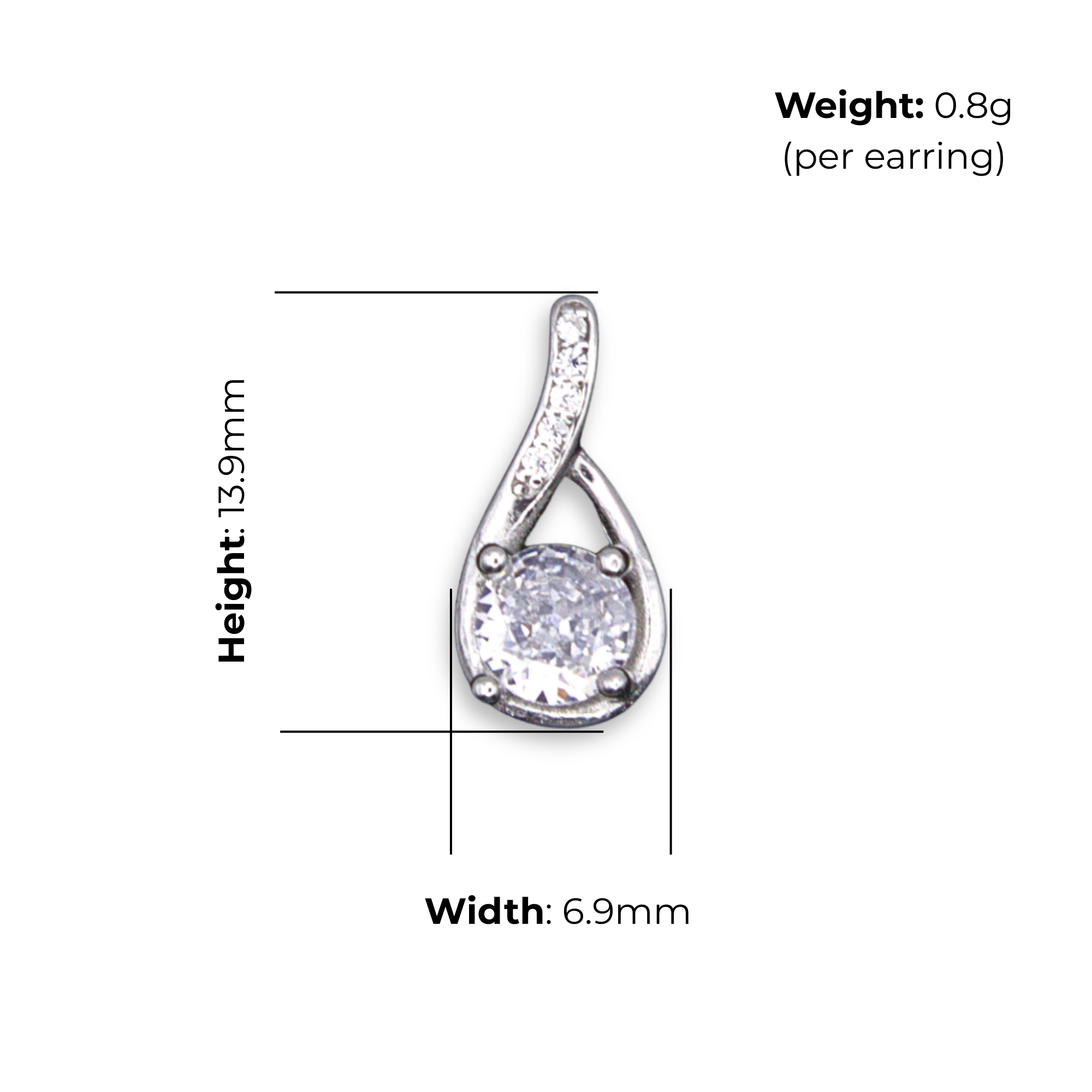 Sterling Silver Twist Top CZ Drop Earrings, product dimensions shown, width 6.9mm, height 13.9mm, weight 0.8g per earring