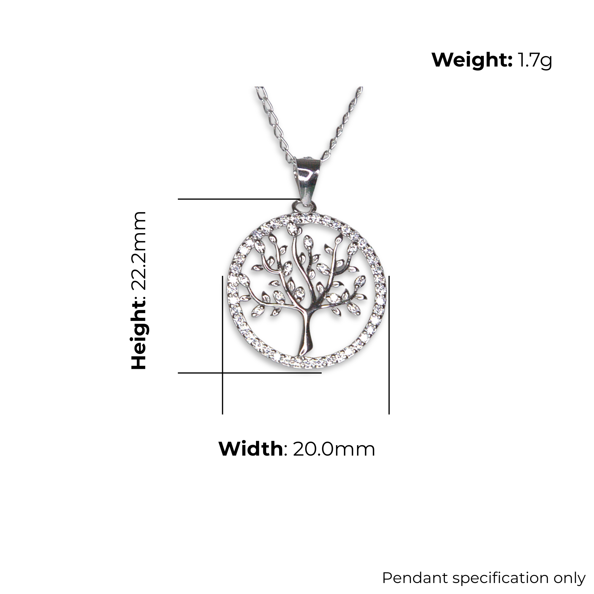 Sterling Silver Tree of Life Pendant, Pave-Set CZ Border, product dimensions shown, width 20.0mm, height 22.2mm, weight 1.7g, pendant specification only.