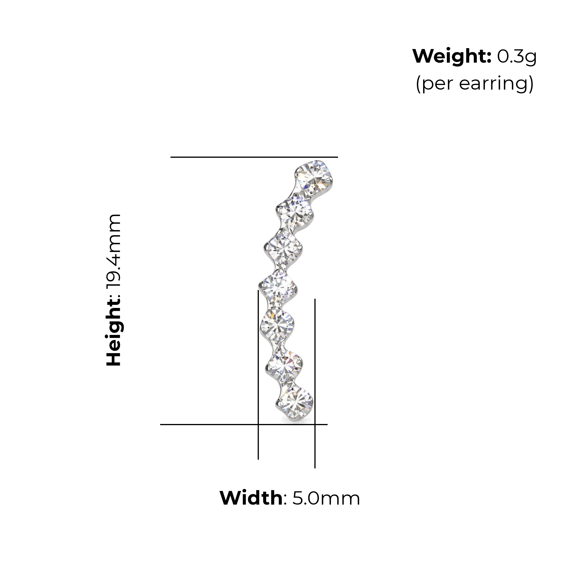 Sterling Silver Graduated CZ Drop Earrings, product dimensions shown, width 5.0mm, height 19.4mm, weight 0.3g per earring.