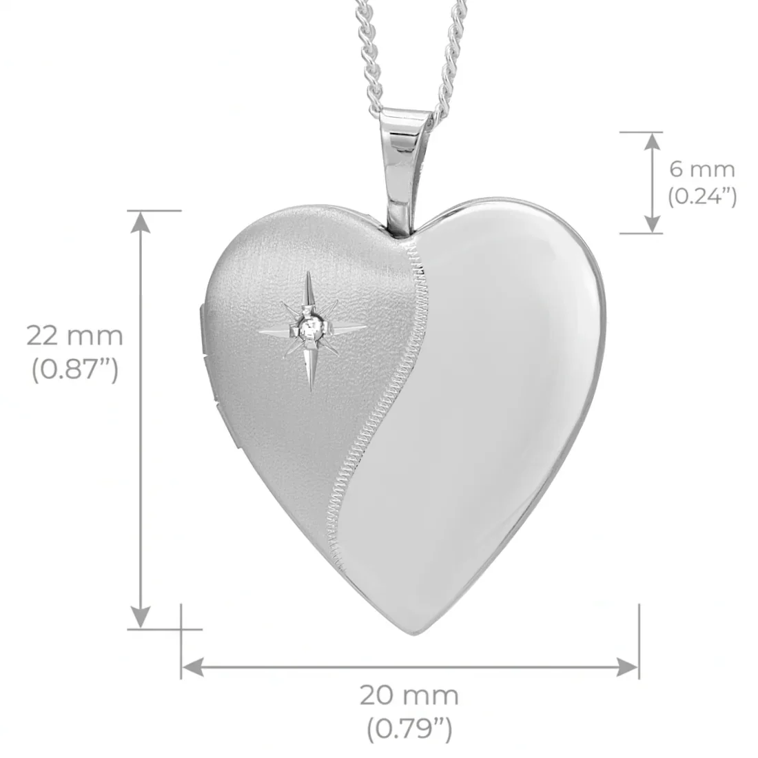 Sterling Silver heart locket with diamond. Star-set stone, satin and mirror polish contrast, product dimensions shown, 22mm height by 20mm width, 6mm jump ring height