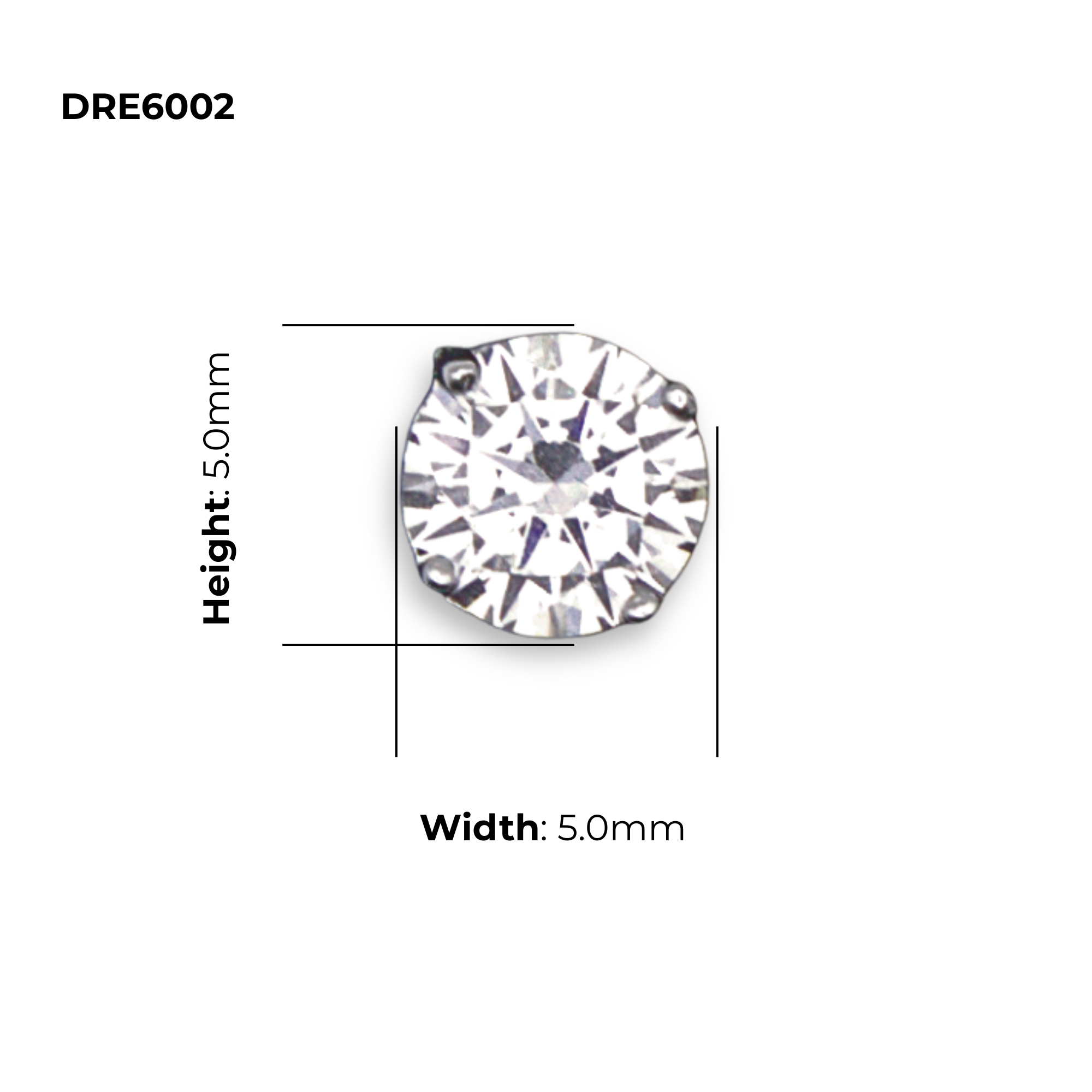 Sterling Silver Round CZ Solitaire Stud Earrings DRE6002, product dimensions shown, width 5mm, height 5mm
