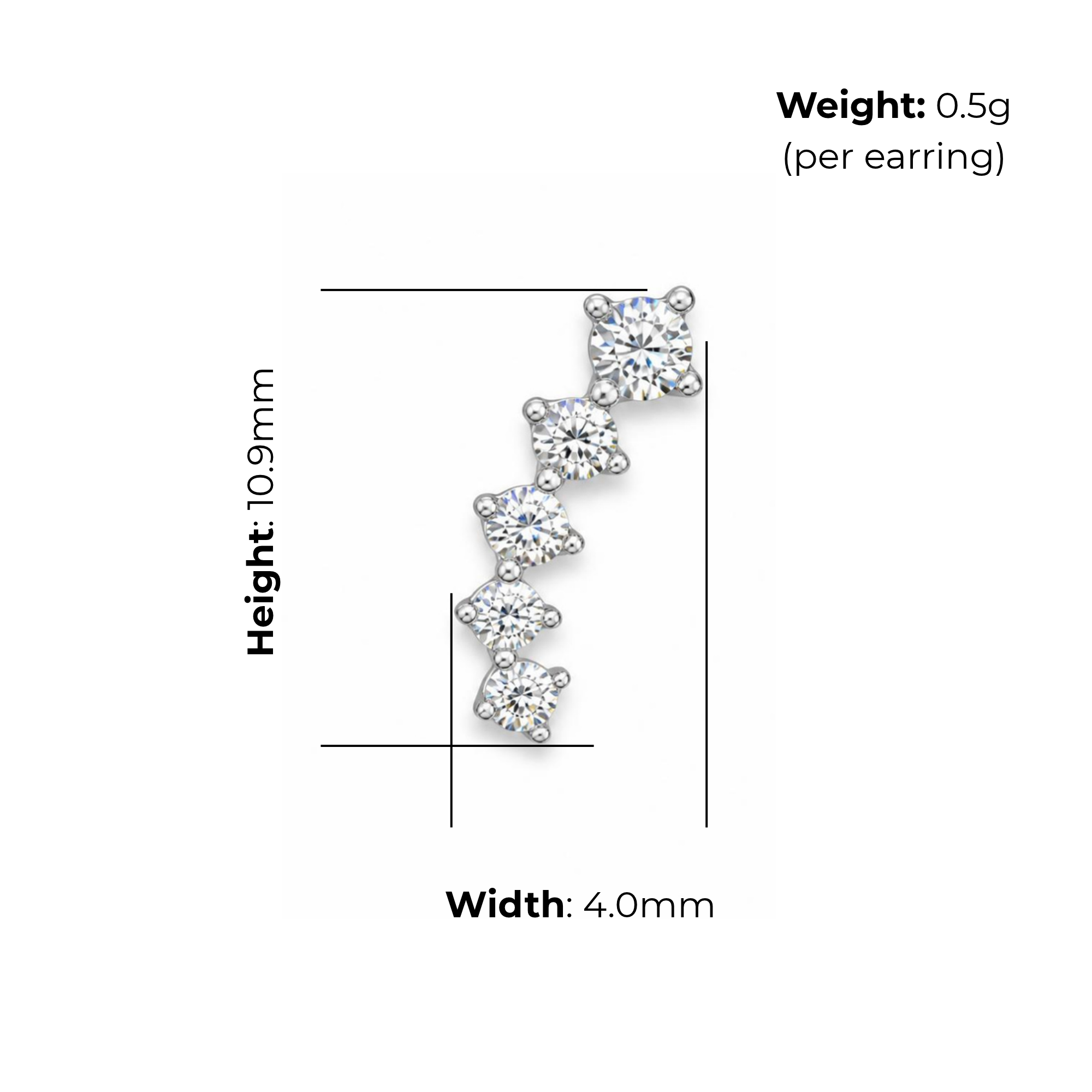 Sterling Silver Graduated CZ Climber Stud Earrings, product dimensions shown, width 4.0mm, height 10.9mm, weight 0.5g per earring.
