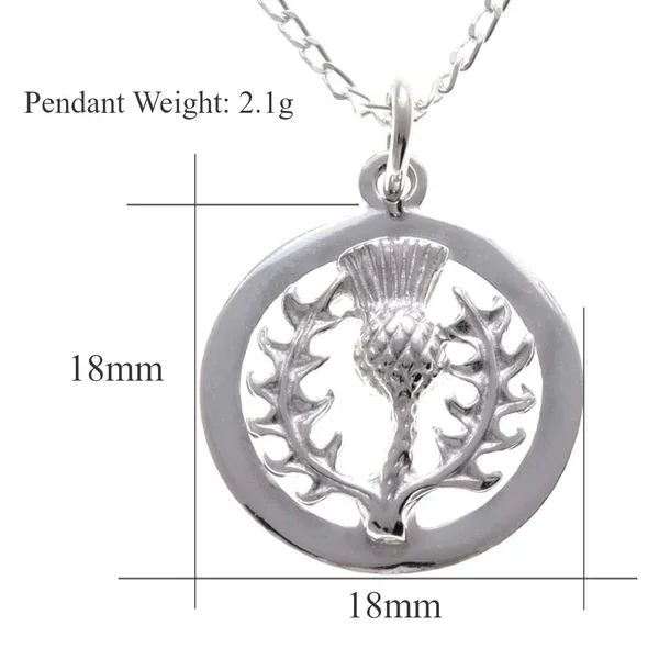 Sterling Silver Scottish Thistle Pendant, circular frame, feathered head, crosshatched globe, spiky leaves, product dimensions shown. height 18mm by width 18mm, weight 2.1g