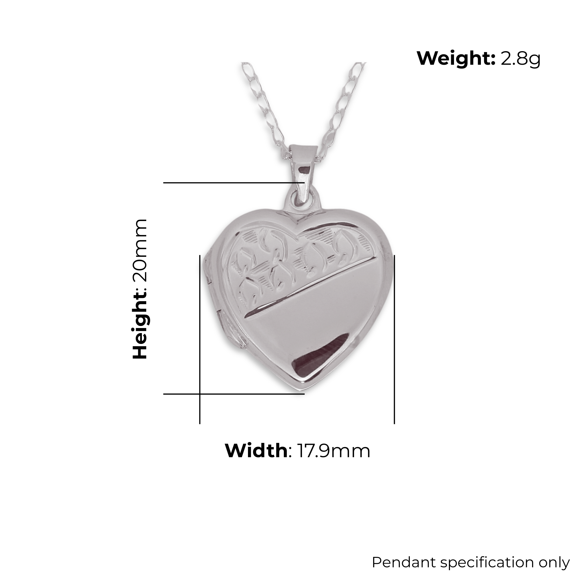 Sterling Silver Heart Locket, hand engraved fern design, product dimensions shown, width 17.9mm, height 20mm, weight 2.8g