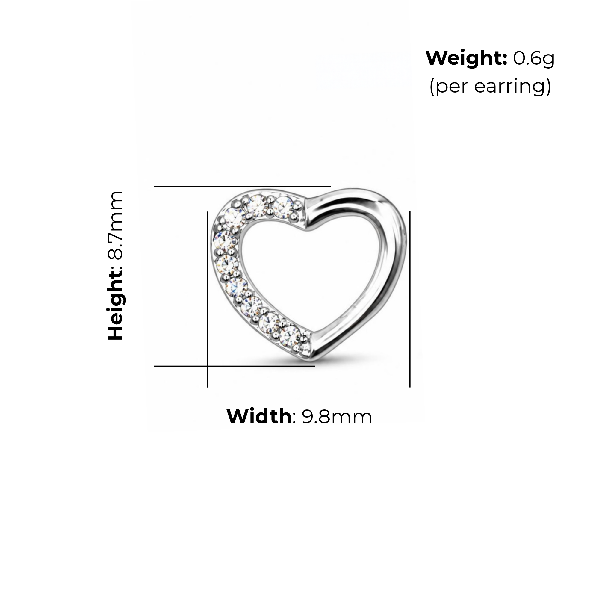 Sterling Silver Open Heart Stud Earrings, CZ Outline, product dimensions shown, width 9.8mm, height 8.7mm, weight 0.6g per earring.