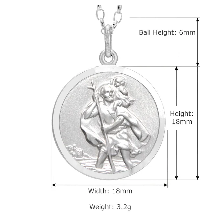 Sterling Silver St Christopher pendant, plain reverse. Embossed figural scene, satin face, polished border, product dimensions shown, width 18mm by height 18mm, bail height 6mm, weight 3.2g