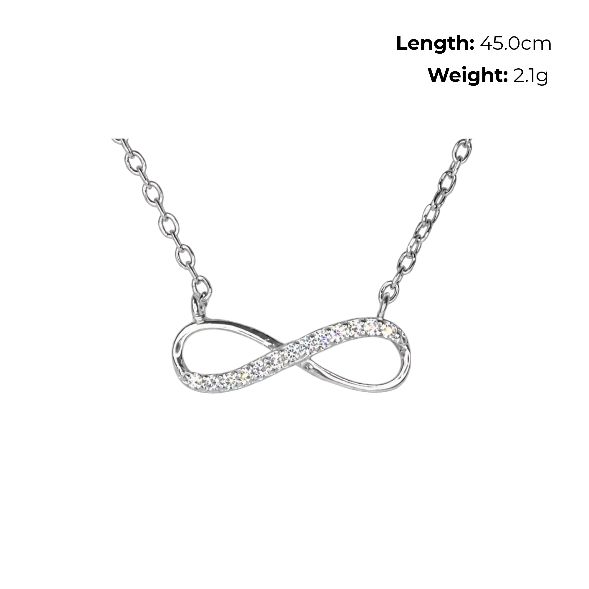 Sterling Silver Infinity Necklet with CZ, product dimensions shown, length 45cm, weight 2.1g