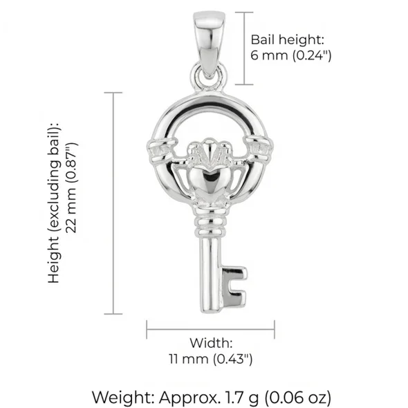 Sterling Silver Claddagh Key Pendant, hands heart and crown motif, high mirror polish, product dimensions shown, width 11mm by height 22mm, bail height 6mm, weight 1.7g