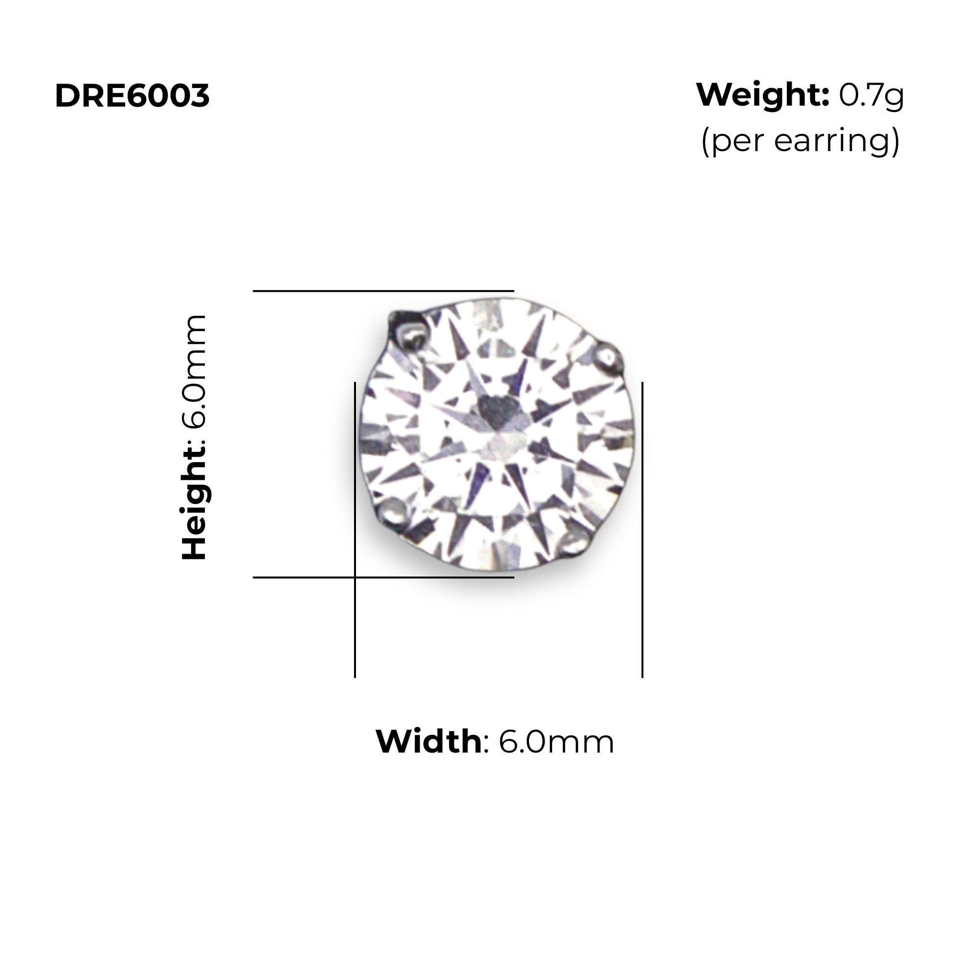 Sterling Silver Round CZ Solitaire Stud Earrings DRE6003, product dimensions shown, width 6mm, height 6mm, weight 0.7g per earring