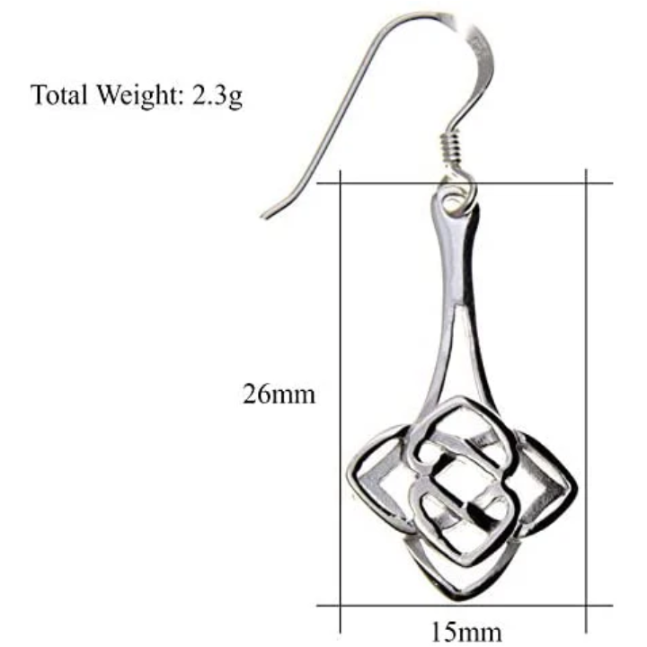 Sterling Silver Celtic Square Knotwork Drop Earrings, tapered stem, geometric interlace, fish hook fitting, product dimensions show, width 15mm by height 26mm, weight 2.3g (pair)