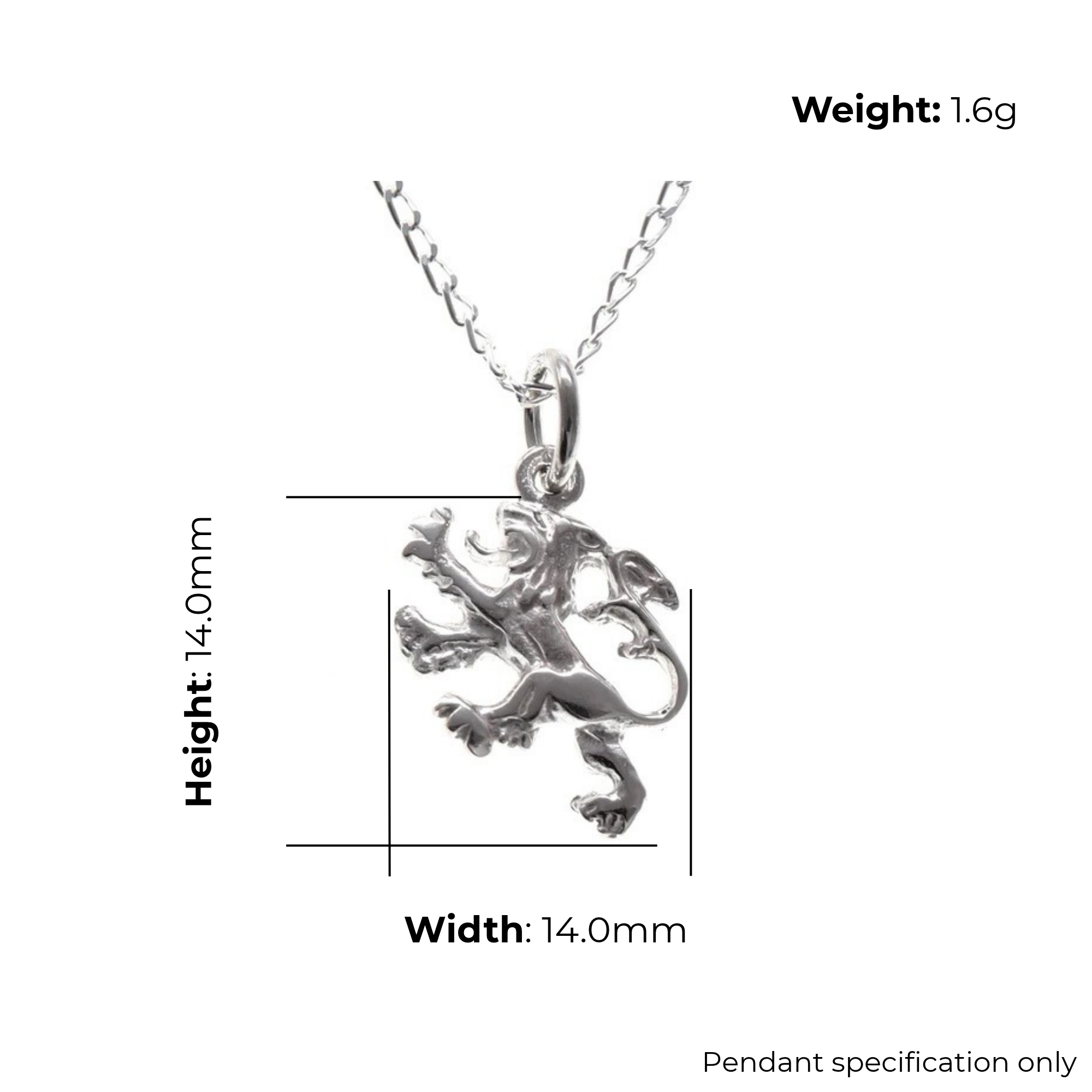 Sterling Silver Scottish Lion Rampant Pendant, sculpted heraldic form, engraved detail, product dimensions shown, width 14mm, height 14mm, weight 1.6g, pendant specification only
