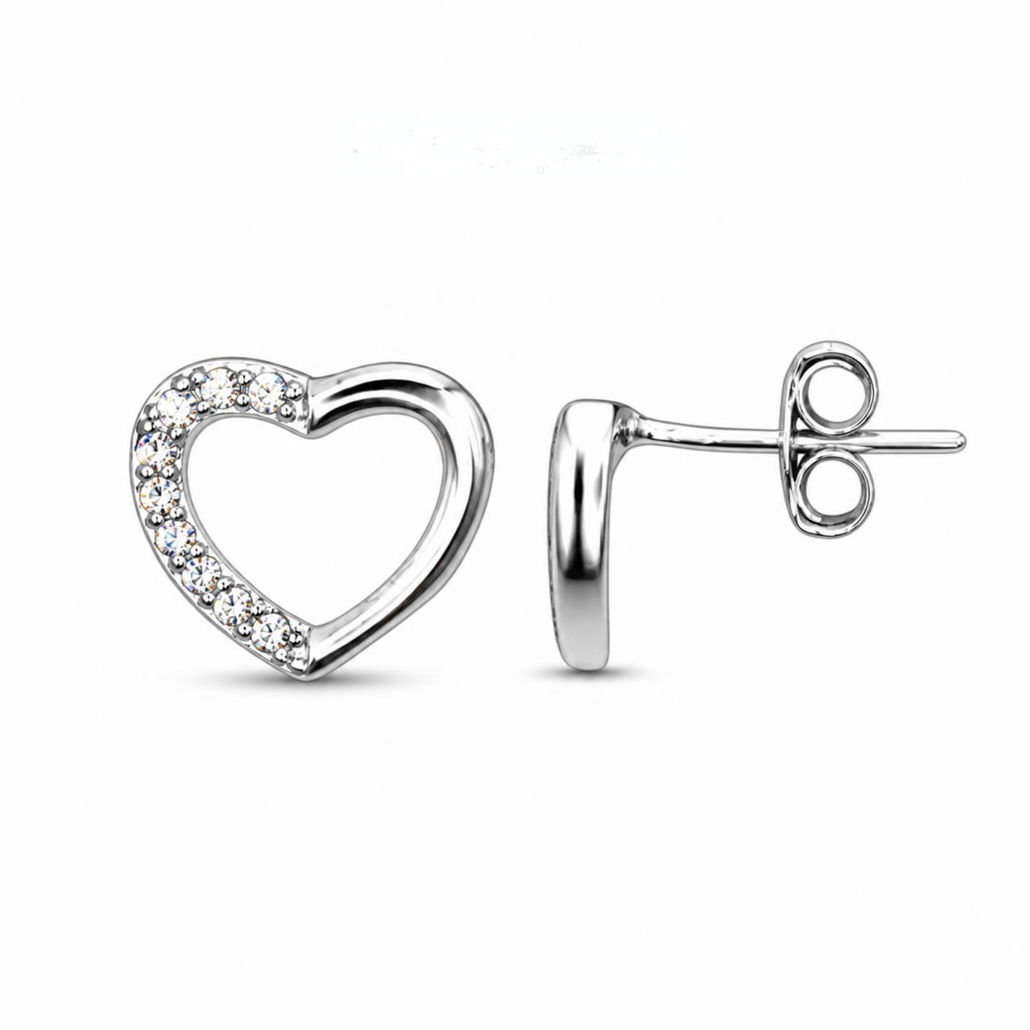Sterling Silver Open Heart Stud Earrings, CZ Outline,