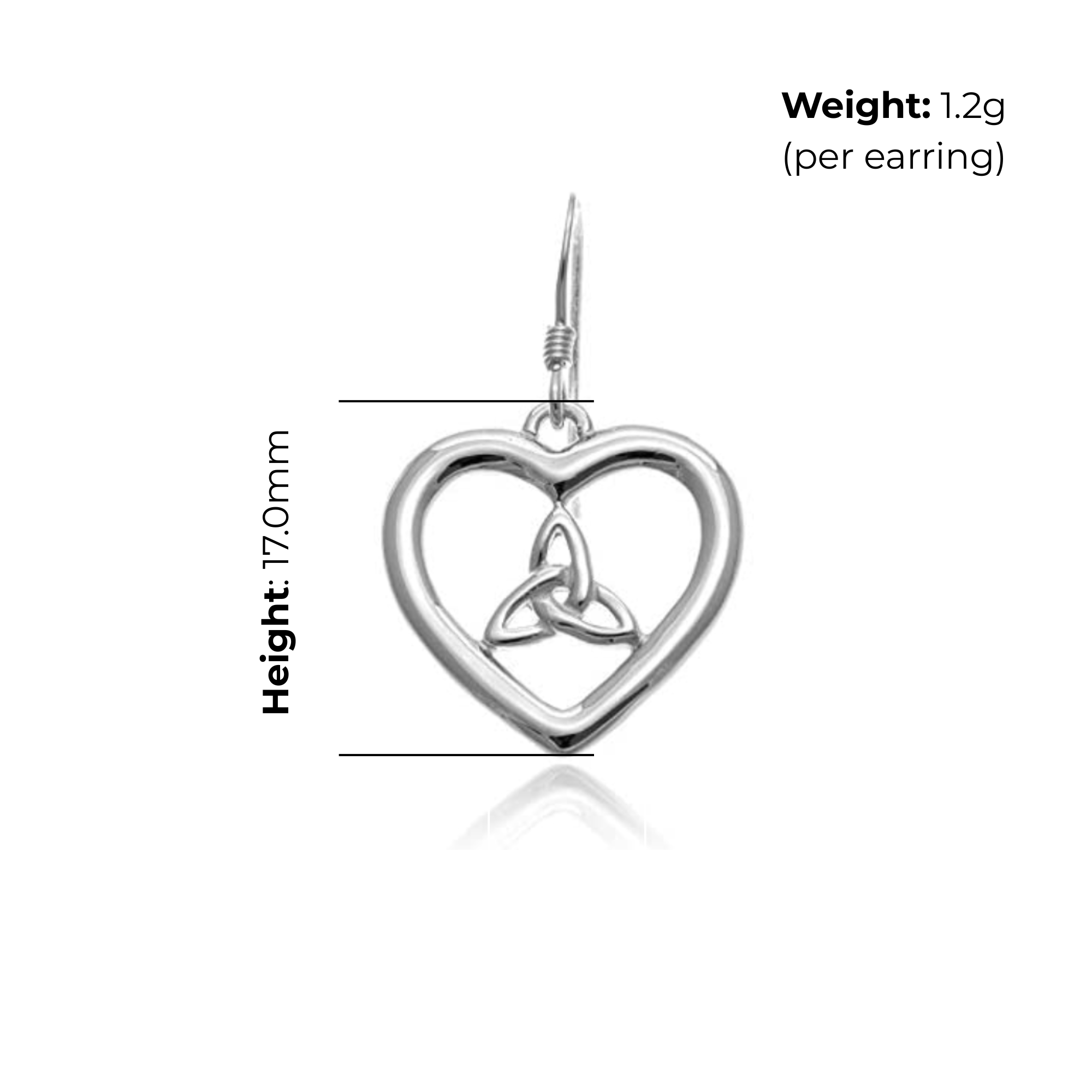 Sterling Silver Celtic Trinity Knot Heart Drop Earrings, product dimensions shown, height 17mm, weight 1.2g per earring