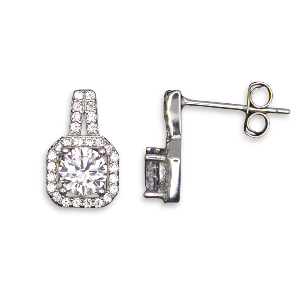 Sterling Silver Round CZ with Halo Stud Earrings