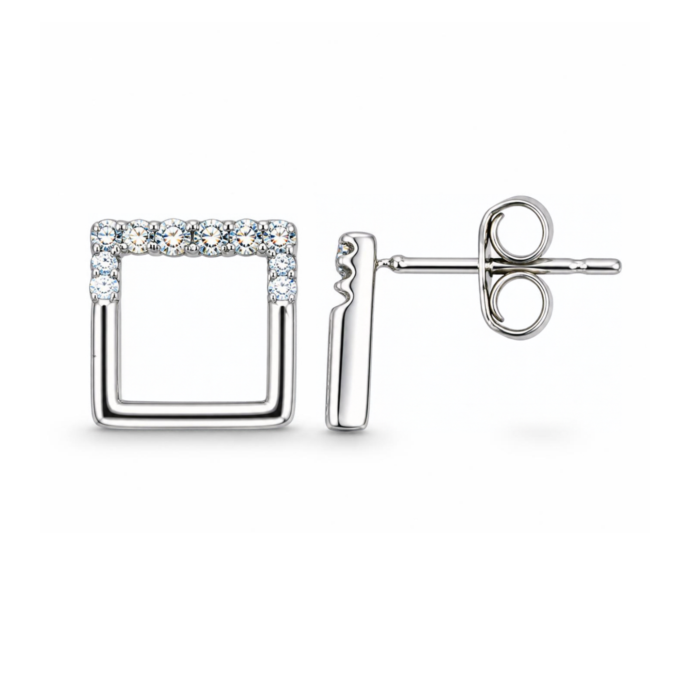 Sterling Silver Open Square Stud Earrings, Pave-Set CZ