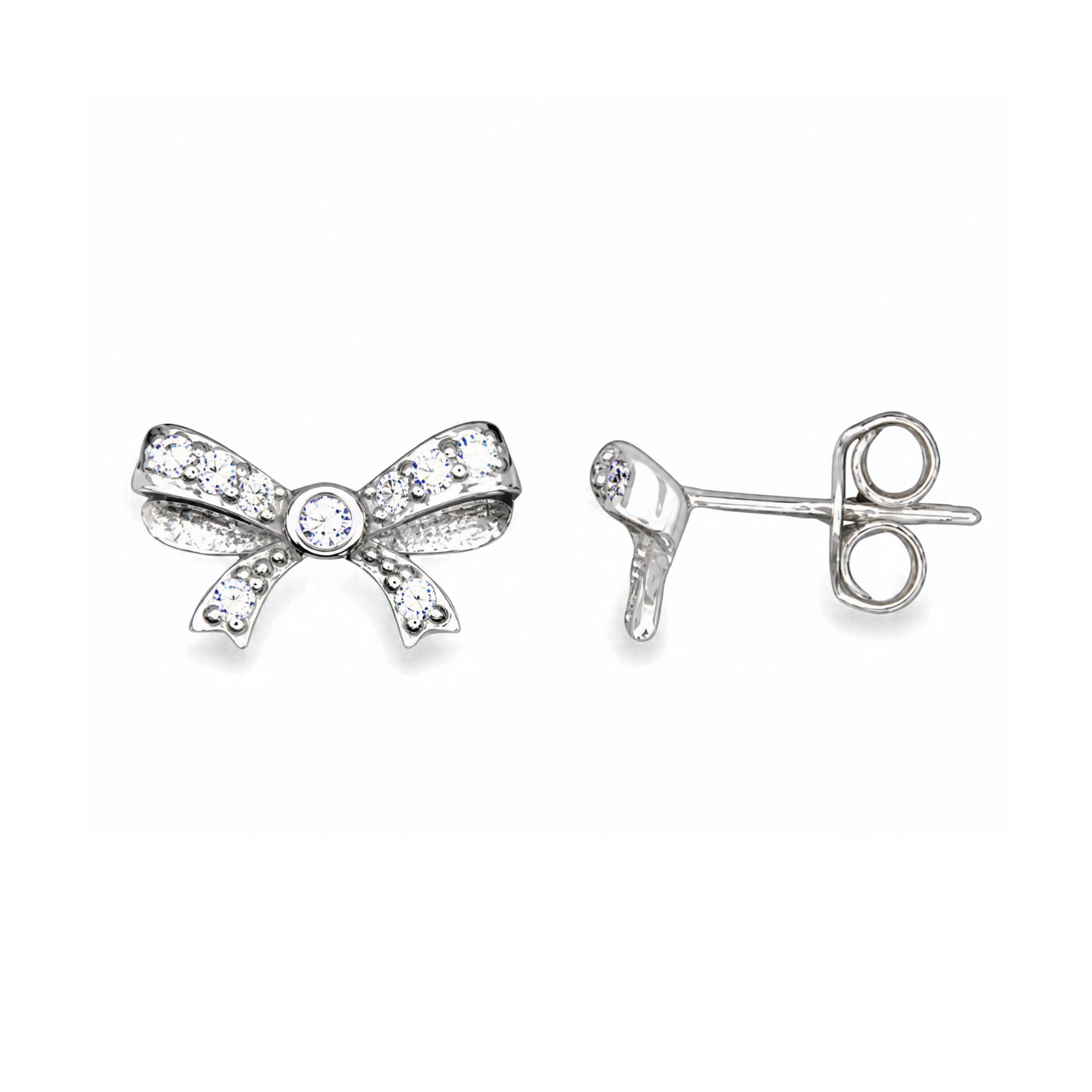 Sterling Silver Bow Stud Earrings, CZ Detail