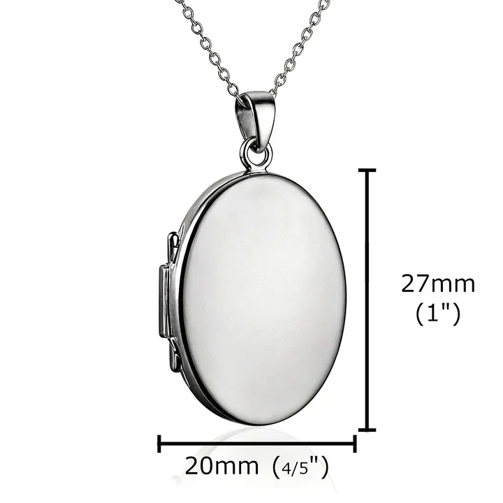 Sterling Silver oval photo locket. Plain high mirror polish, smooth curved edges, product dimensions shown, 27mm height by 20mm width
