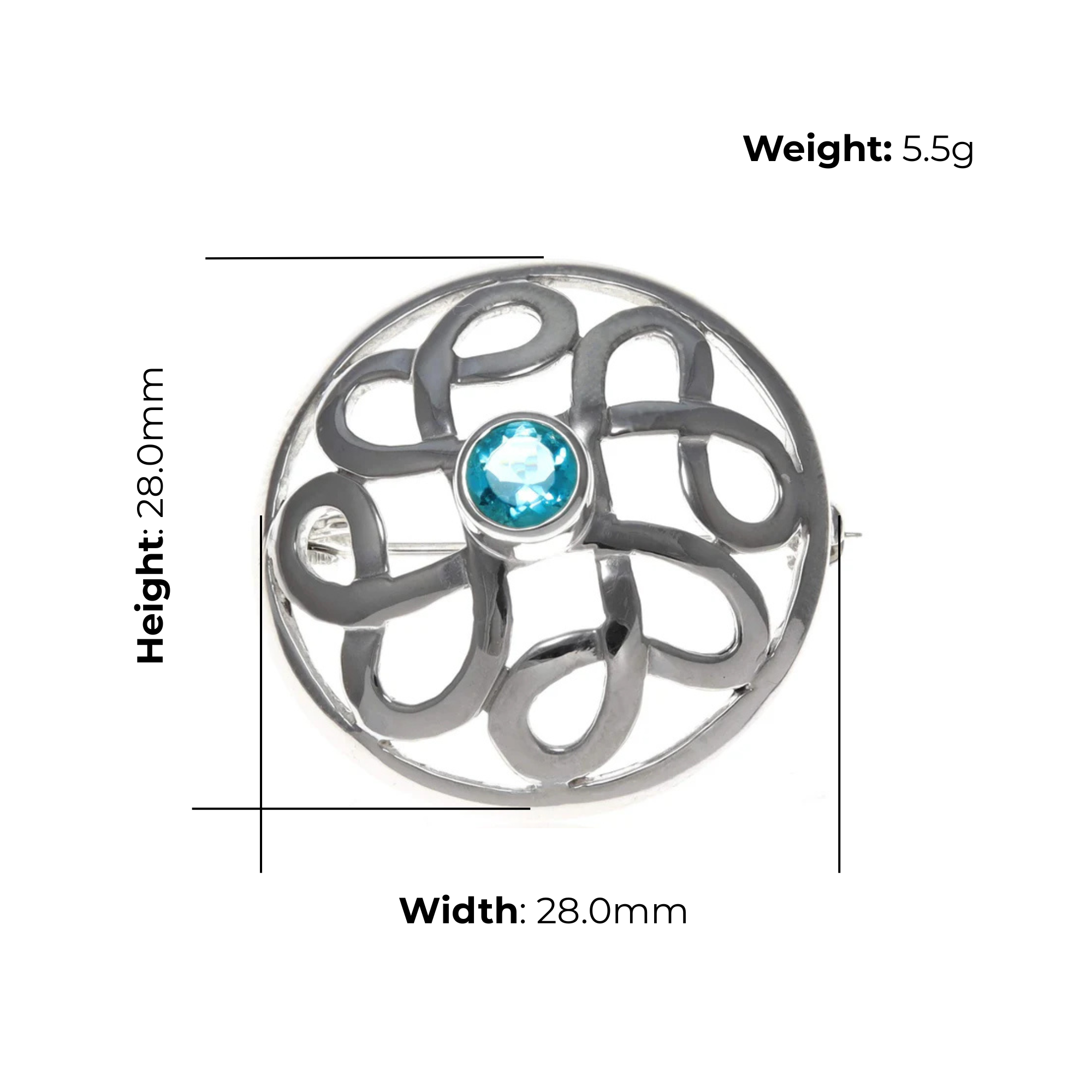 Sterling Silver Celtic Knot Brooch, round blue cubic zirconia, width 28mm, height 28mm, weight 5.5g
