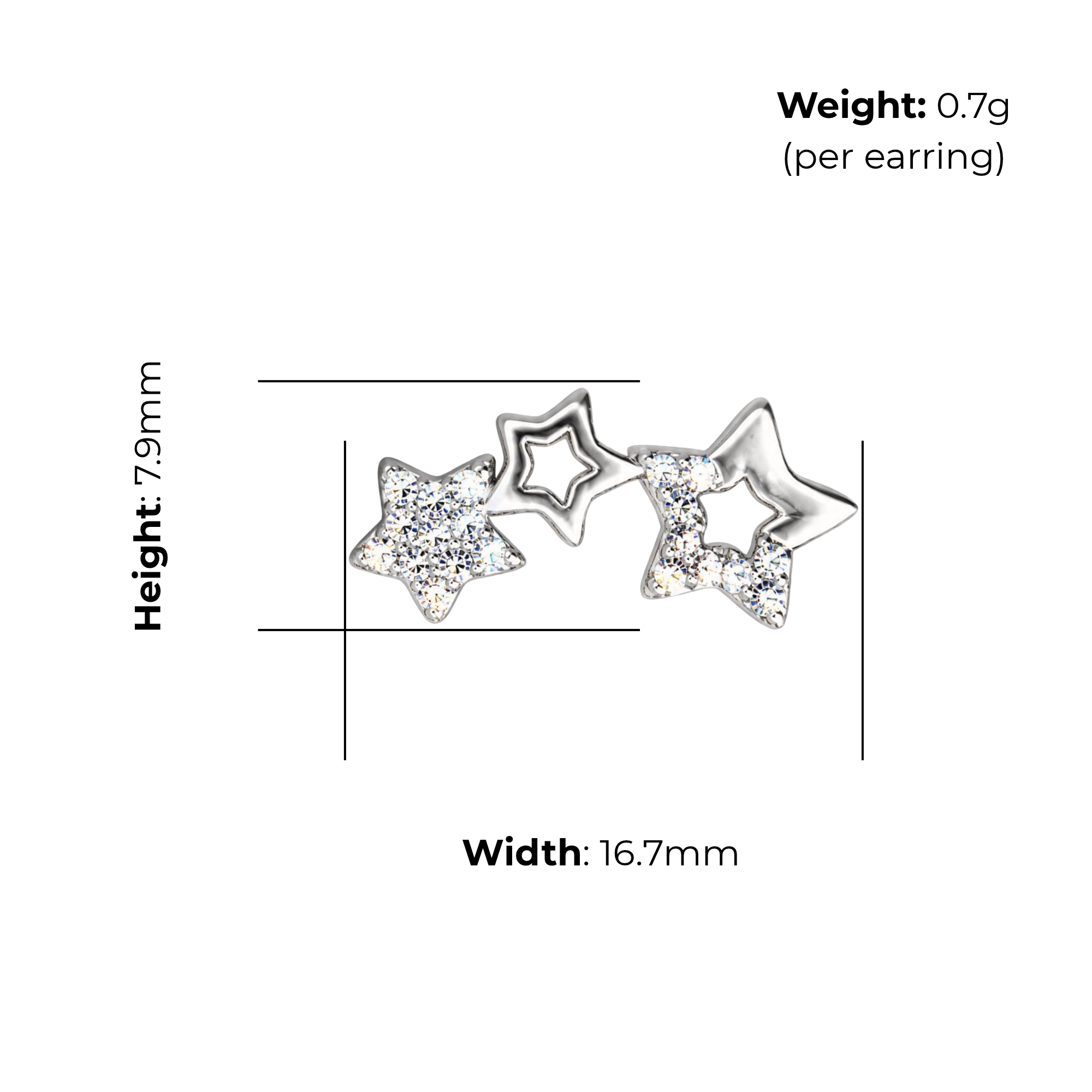 Sterling Silver Triple Star Stud Earrings, Pave-Set CZ Detail, product dimensions shown, width 16.7mm, height 7.9mm, weight 0.7g per earring.
