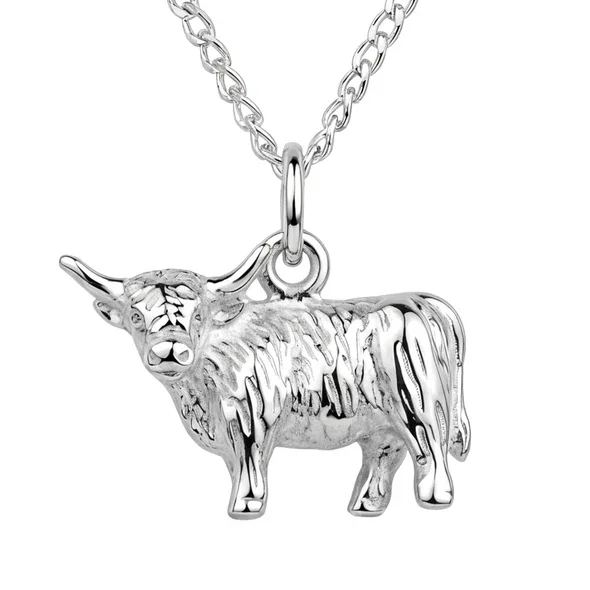 Sterling Silver Scottish Highland Cow Pendant, sculpted three-dimensional form, engraved coat detail.