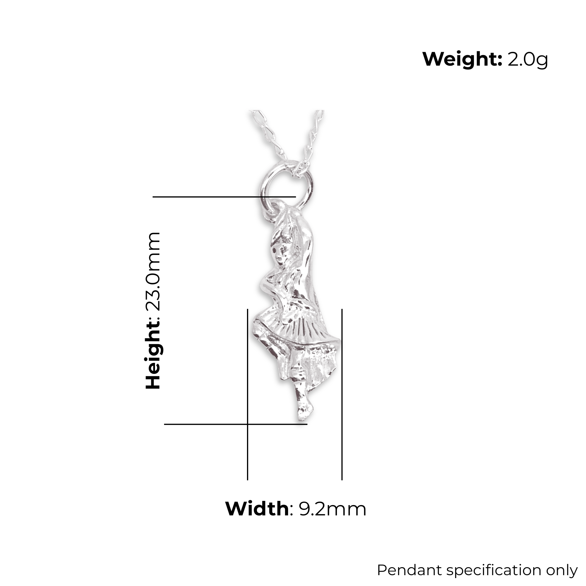 Sterling Silver Scottish Dancer Pendant, 3D figural design, product specification shown, width 9.2mm, height 23mm, weight 2g, pendant specification only