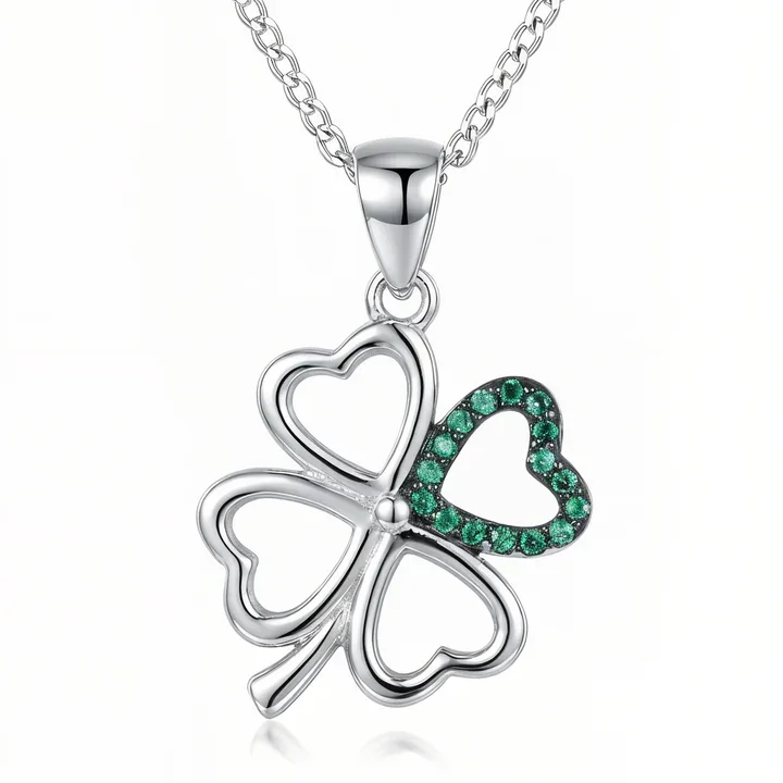 Sterling Silver Celtic Four Leaf Clover Pendant, open heart lobes, green CZ set, 25mm x 16mm