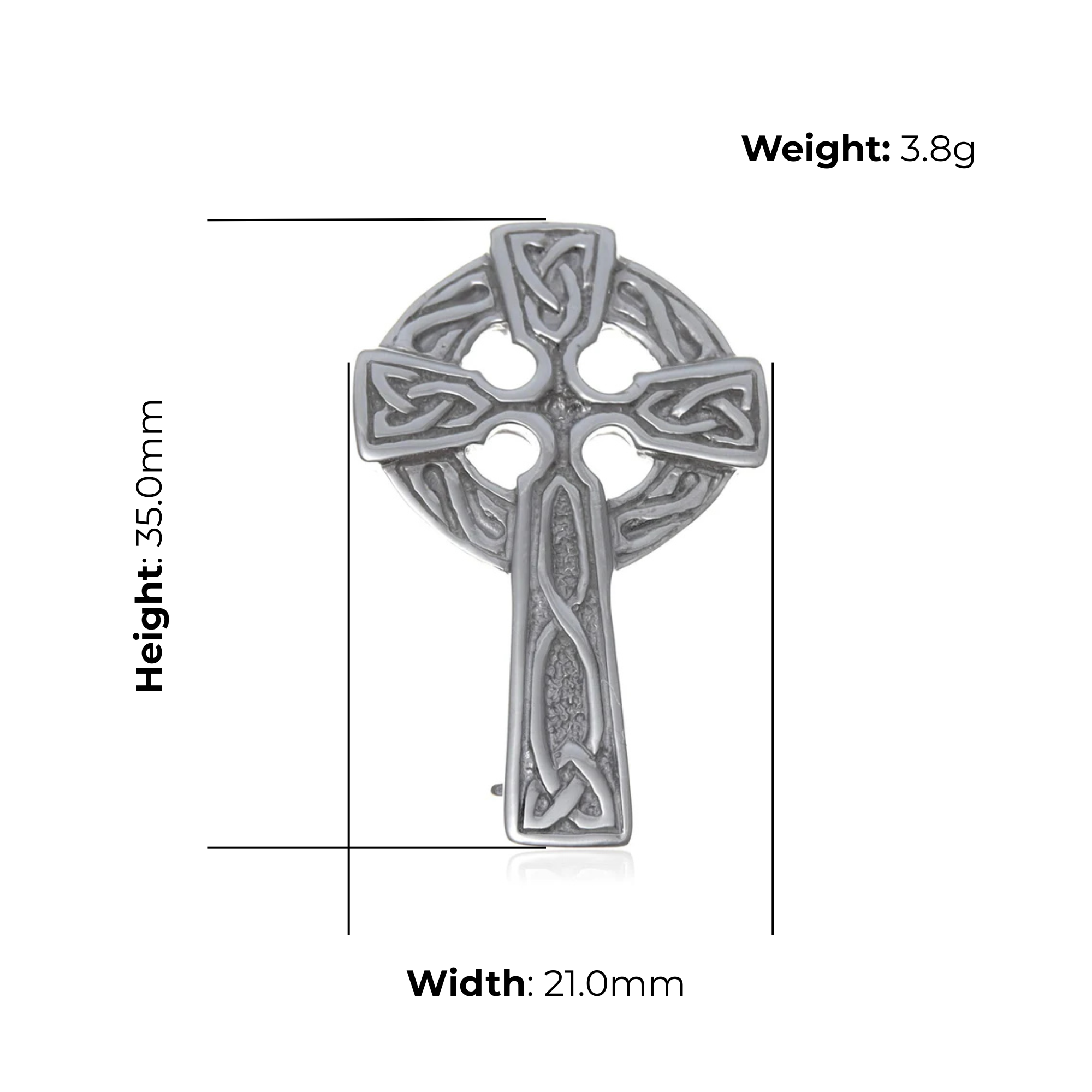Sterling Silver Celtic Cross Brooch, embossed shaft, product dimensions shown, width 21mm, height 35m, weight 3.8g