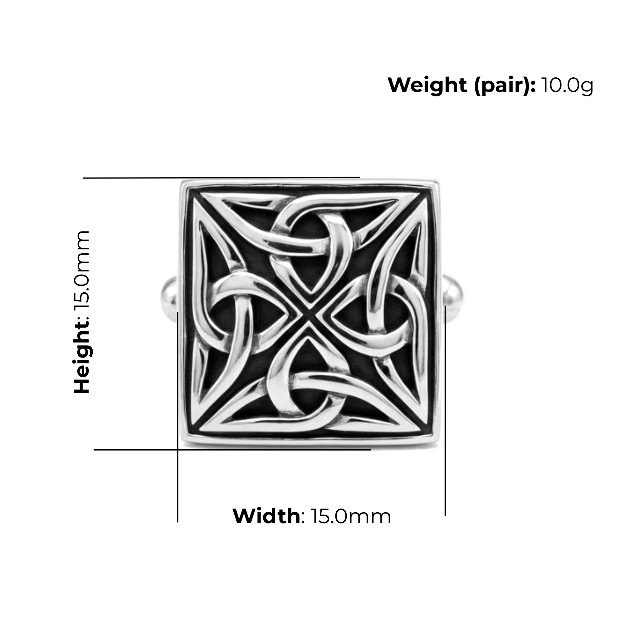 Sterling Silver Celtic Knot Cufflinks, oxidised finish, product dimensions shown, width 15mm, height 15mm, weight (pair) 10g