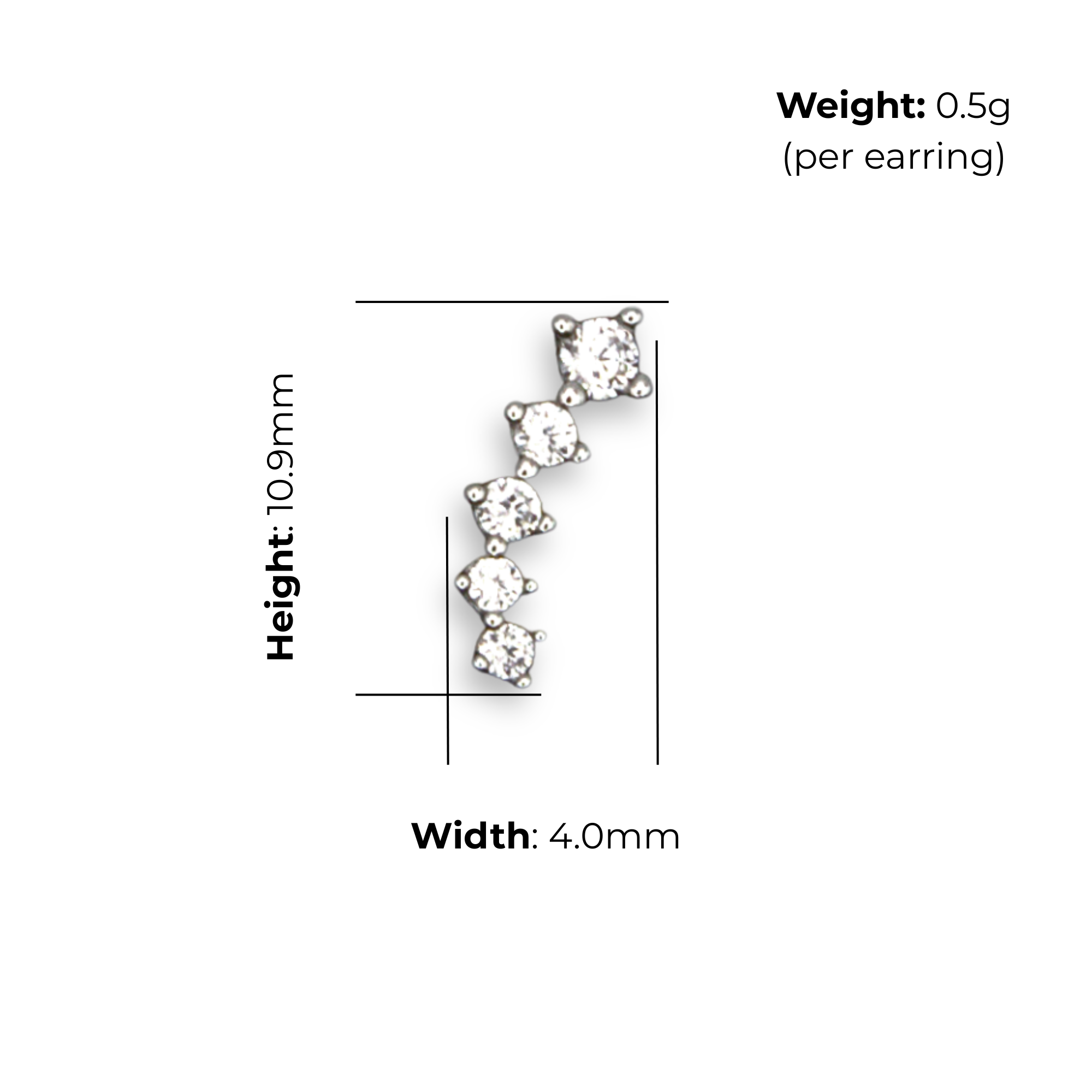 Sterling Silver Graduated CZ Climber Stud Earrings, product dimensions shown, width 4.0mm, height 10.9mm, weight 0.5g per earring.