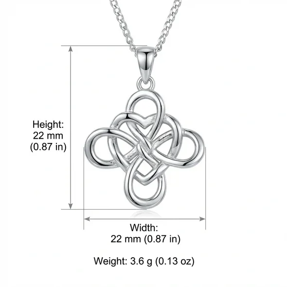 Sterling Silver Celtic Knotwork Heart Pendant, four-loop interlaced design, open heart detail, product dimensions shown, width 22mm by height 22mm, weight 3.6g