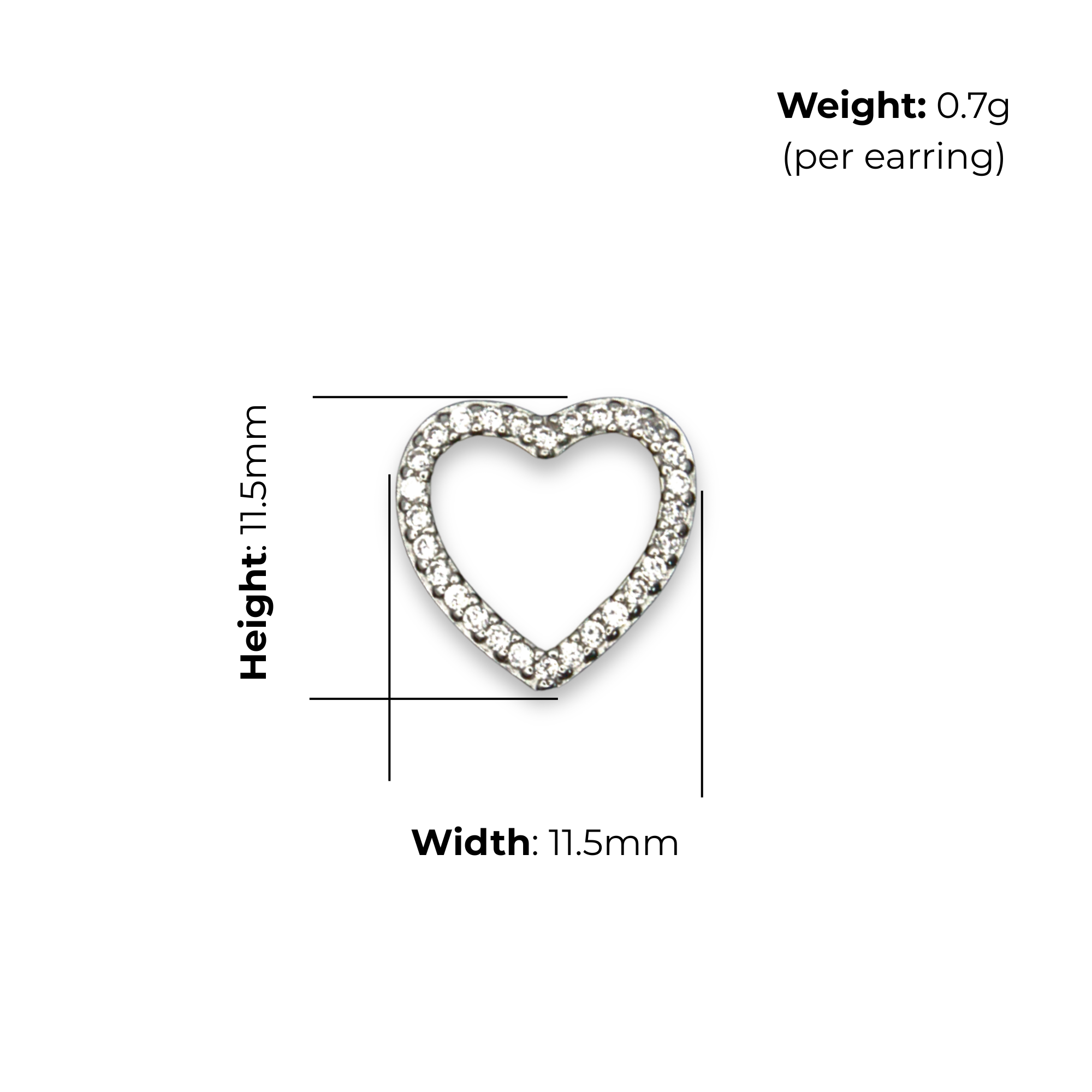 Sterling Silver Open Heart Stud Earrings, Pave-Set CZ, product dimensions shown, width 11.5mm, height 11.5mm, weight 0.7g per earring.