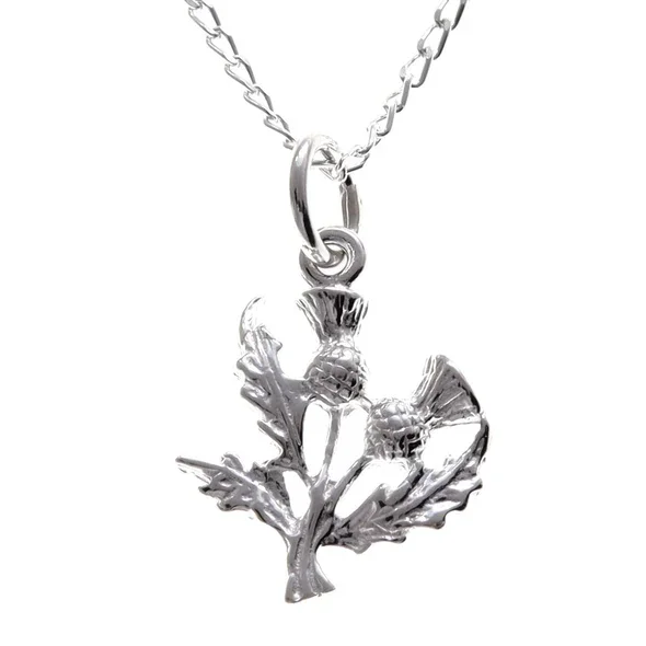Sterling Silver Scottish Thistle Pendant, twin-head botanical form, feathered crowns, crosshatched globes.